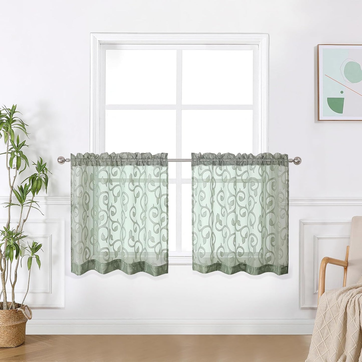 OWENIE Furman Sheer White Curtains 84 Inches Long for Bedroom Living Room 2 Panels Set, White Curtains Jacquard Clip Light Filtering Semi Sheer Curtain Transparent Rod Pocket Window Drapes, 2 Pcs  OWENIE Sage Green 26W X 24L 