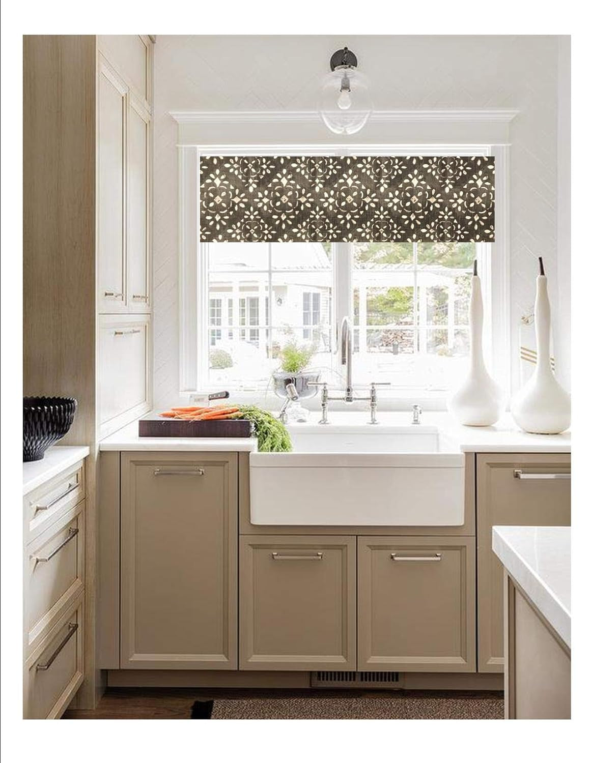 Custom Made Straight Valance in Avila Sable Grey Stencil Print, Fully Lined, Modern Farmhouse Kitchen Valance, Machine Wash, Ready to Hang