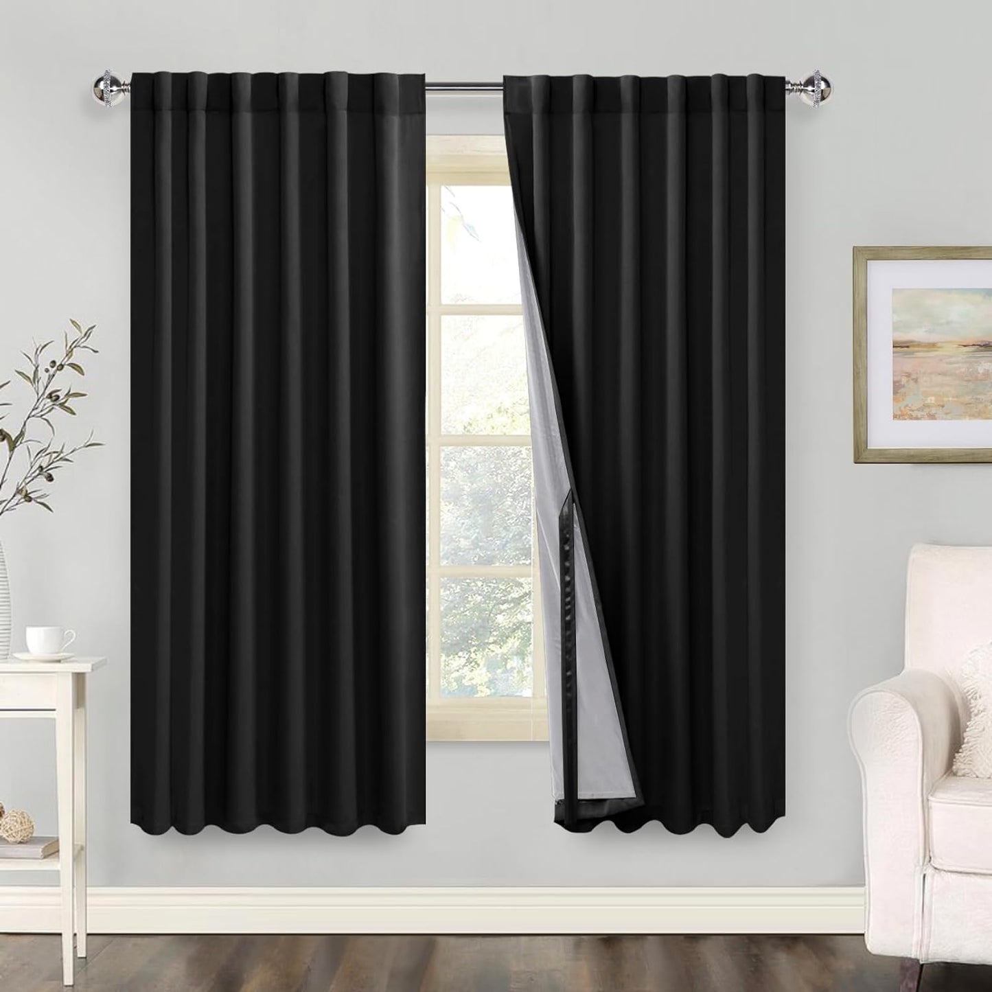100% Blackout Curtains 2 Panels with Tiebacks- Heat and Full Light Blocking Window Treatment with Black Liner for Bedroom/Nursery, Rod Pocket & Back Tab，White, W52 X L84 Inches Long, Set of 2  XWZO Black W52" X L63"|2 Panels 