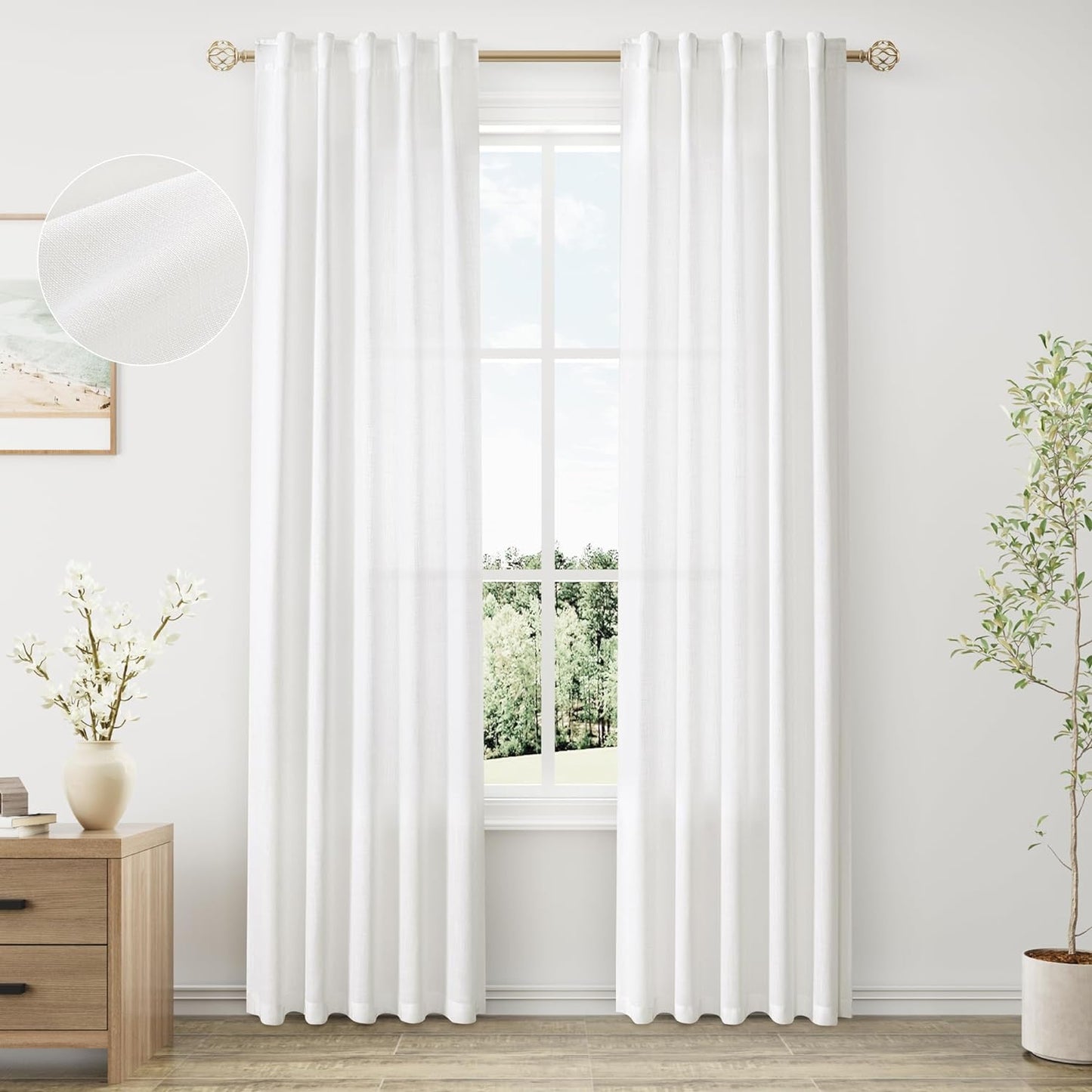 Natural Linen Sheer Curtains 84 Inch Long for Living Room Bedroom Back Tab Light Filtering Privacy Farmhouse Rod Pocket Ivory off White Neutral Drapes with Hooks 2 Panels Cream Beige  SPWIY White 40W X 80L Inch X 2 Panels 