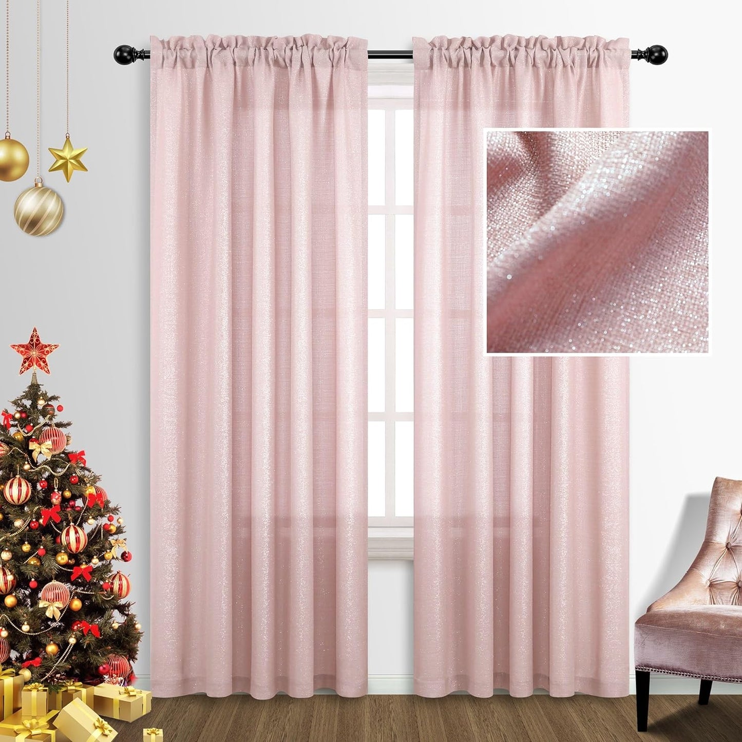 Gold Curtains 84 Inch Length for Living Room 2 Panels Set Rod Pocket Window Decor Semi Sheer Luxury Sparkle Shimmer Shiny Glitter Brown Golden Mustard Curtains for Bedroom 52X84 Long Christmas Decor  MRS.NATURALL TEXTILE Pink 52X84 