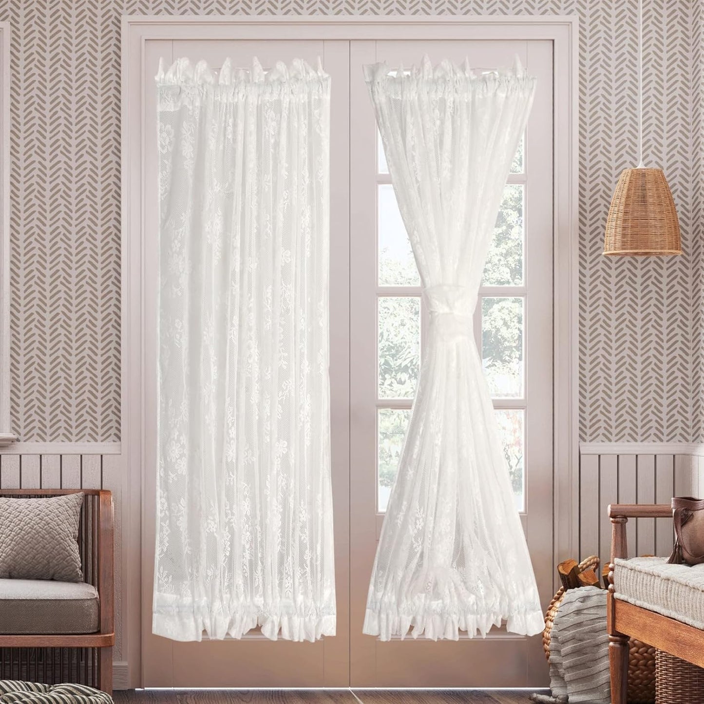 Rloncomix Rod Pocket Lace Sheer Door Curtain French White Mesh Light Filtering Airy Floral Semi Voile Curtain for Kitchen Cafe Bedroom Living Room with Tieback, 2 Panels 72 Inches  BAIHT HOME 2 54"W X 72"L 