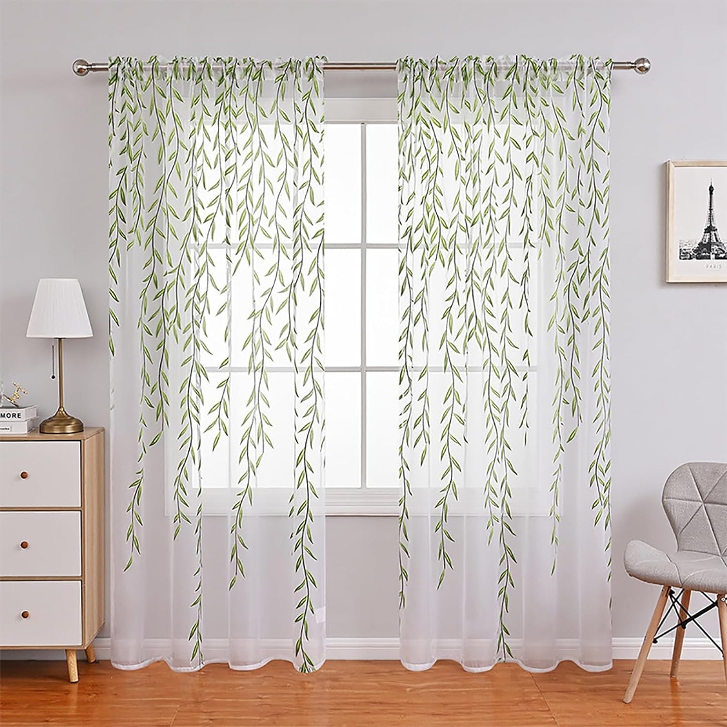 Ufurty Rely2016 Sunflower Window Curtain, 2PCS Sun Flower Floral Voile Sheer Curtain Panels Tulle Room Salix Leaf Sheer Gauze Curtain for Living Room, Bedroom, Balcony - Rod Pocket Top (100 X 200)  Rely2016 Green Leaf 100*200Cm 