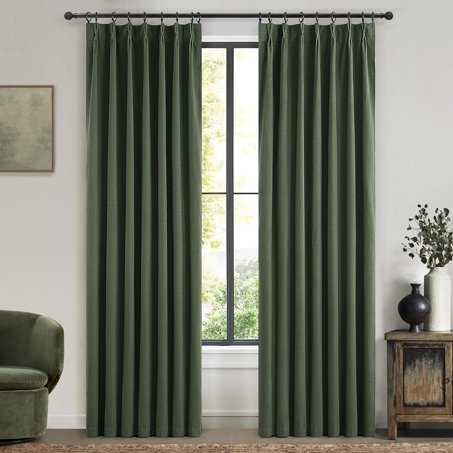 Natural Linen Pinch Pleated Blackout Curtains & Drapes 96 Inch Long Bedroom/Livingroom Farmhouse Curtains 2 Panel Sets, Neutral Track Room Darkening Thermal Insulated 8Ft Back Tab Window Curtain  QJmydeco Loden 40"W X 90"L X 2 Panels 