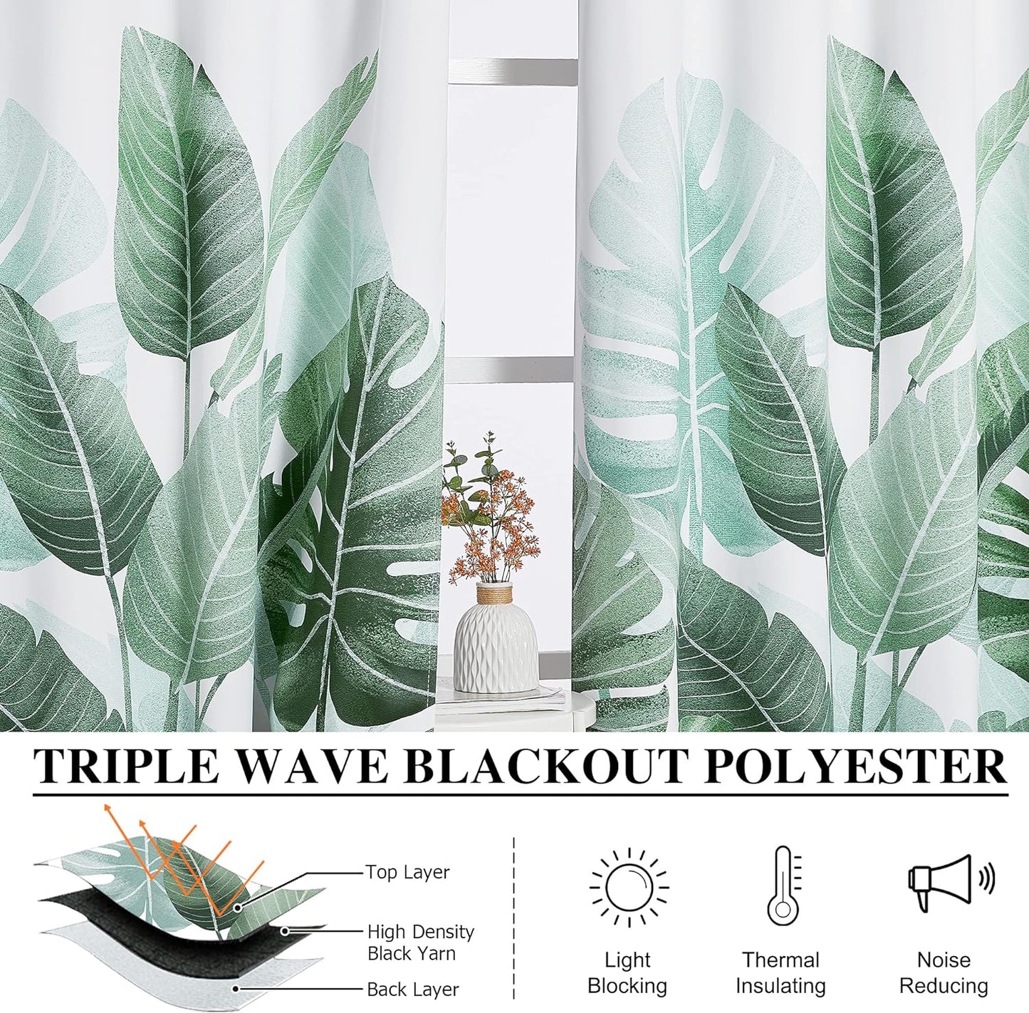 KGORGE Blackout Curtains for Bedroom, Farmhouse Tripical Leaves Pattern Curtains & Drapes Insulating Privacy Window Treatment for Dining Living Room Office Studio, W52 X L63 Inch, 2 Panels  KGORGE   