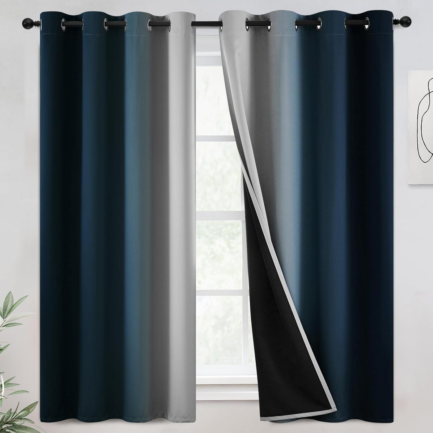 COSVIYA 100% Blackout Curtains & Drapes Ombre Purple Curtains 63 Inch Length 2 Panels,Full Room Darkening Grommet Gradient Insulated Thermal Window Curtains for Bedroom/Living Room,52X63 Inches  COSVIYA Blackout Navy To Grayish White 52W X 63L 