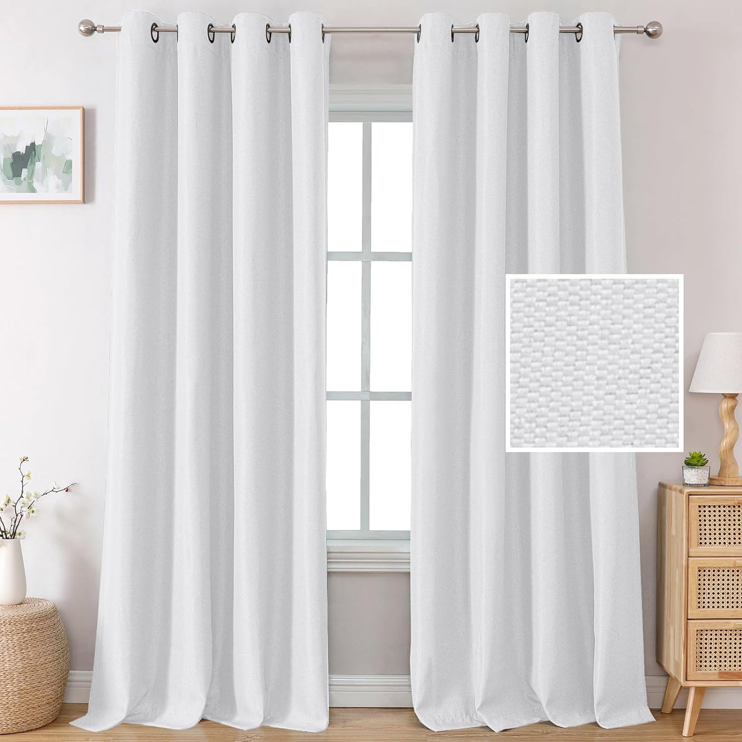 H.VERSAILTEX Linen Blackout Curtains 84 Inches Long Thermal Insulated Room Darkening Linen Curtains for Bedroom Textured Burlap Grommet Window Curtains for Living Room, Bluestone and Taupe, 2 Panels  H.VERSAILTEX Pure White 52"W X 96"L 