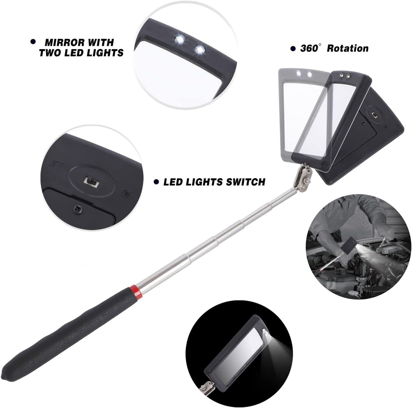 Magnetic Pick up Kit 5Pc, with 1Lb and 10Lb Pick up Rod, Square 360 Swivel Adjustable Inspection Mirror and Flexible Led Flashlight, Magnetic and Telescopic