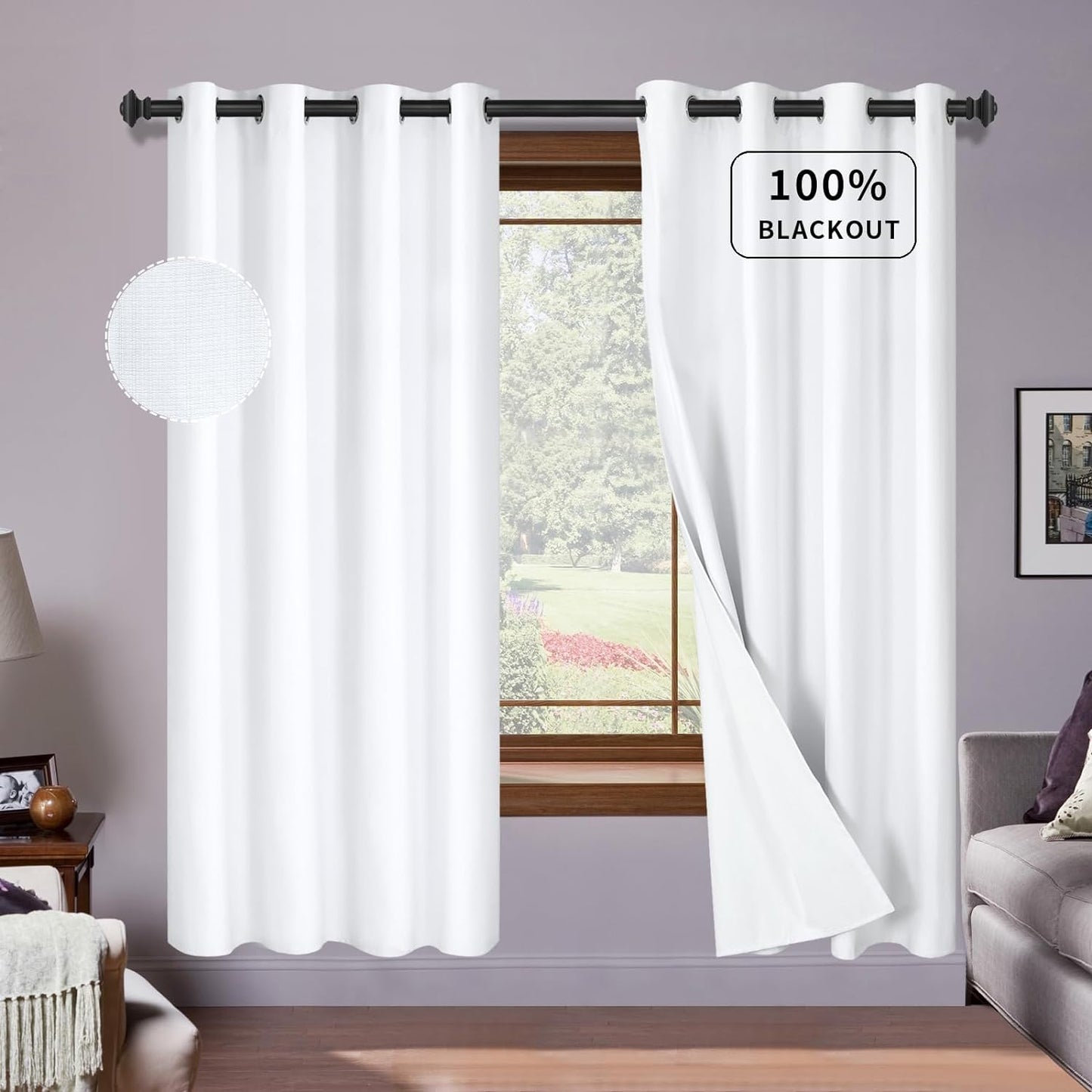 Purefit White Linen Blackout Curtains 84 Inches Long 100% Room Darkening Thermal Insulated Window Curtain Drapes for Bedroom Living Room Nursery with Anti-Rust Grommets & Energy Saving Liner, 2 Panels  PureFit White 52"W X 72"L 