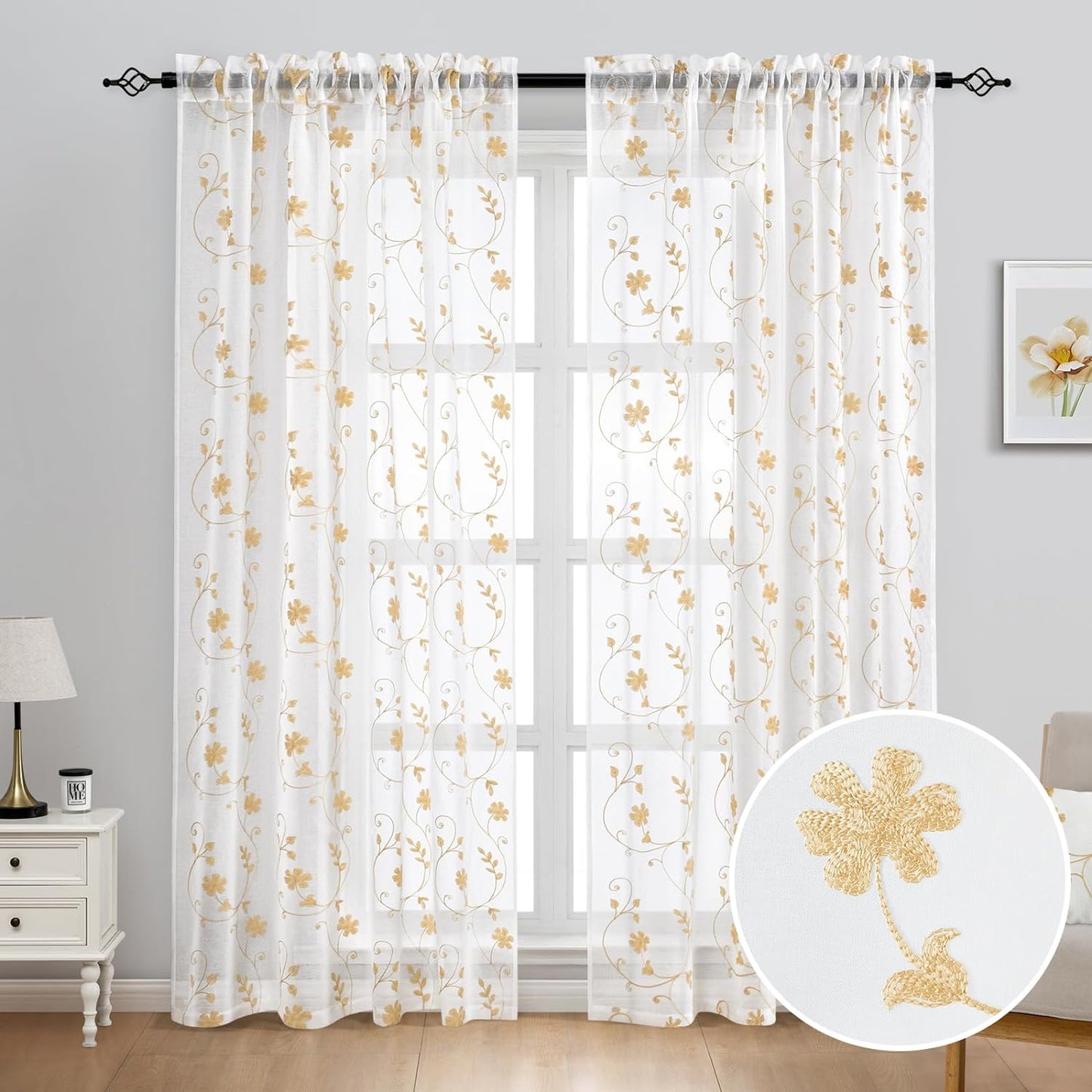 HOMEIDEAS Sage Green Sheer Curtains 52 X 63 Inches Length 2 Panels Embroidered Leaf Pattern Pocket Faux Linen Floral Semi Sheer Voile Window Curtains/Drapes for Bedroom Living Room  HOMEIDEAS White  Yellow W52" X L96" 
