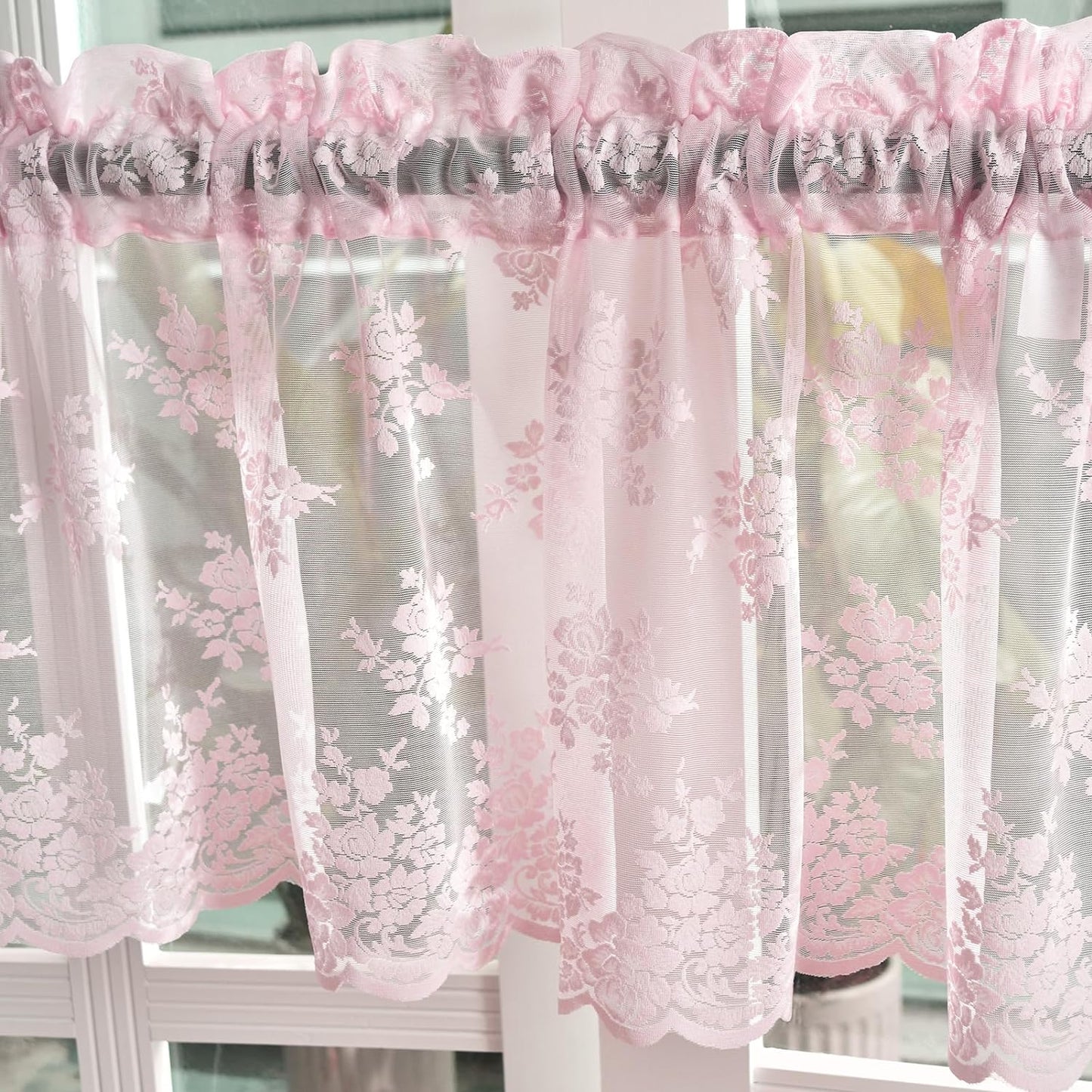 Kotile Sage Green Sheer Valance Curtain for Windows, Rustic Floral Spring Sheer Window Valance Curtain 18 Inch Length, Light Filtering Rod Pocket Lace Valance, 52 X 18 Inch, 1 Panel, Sage Green  Kotile Textile Pink 52 In X 18 In (W X L) 
