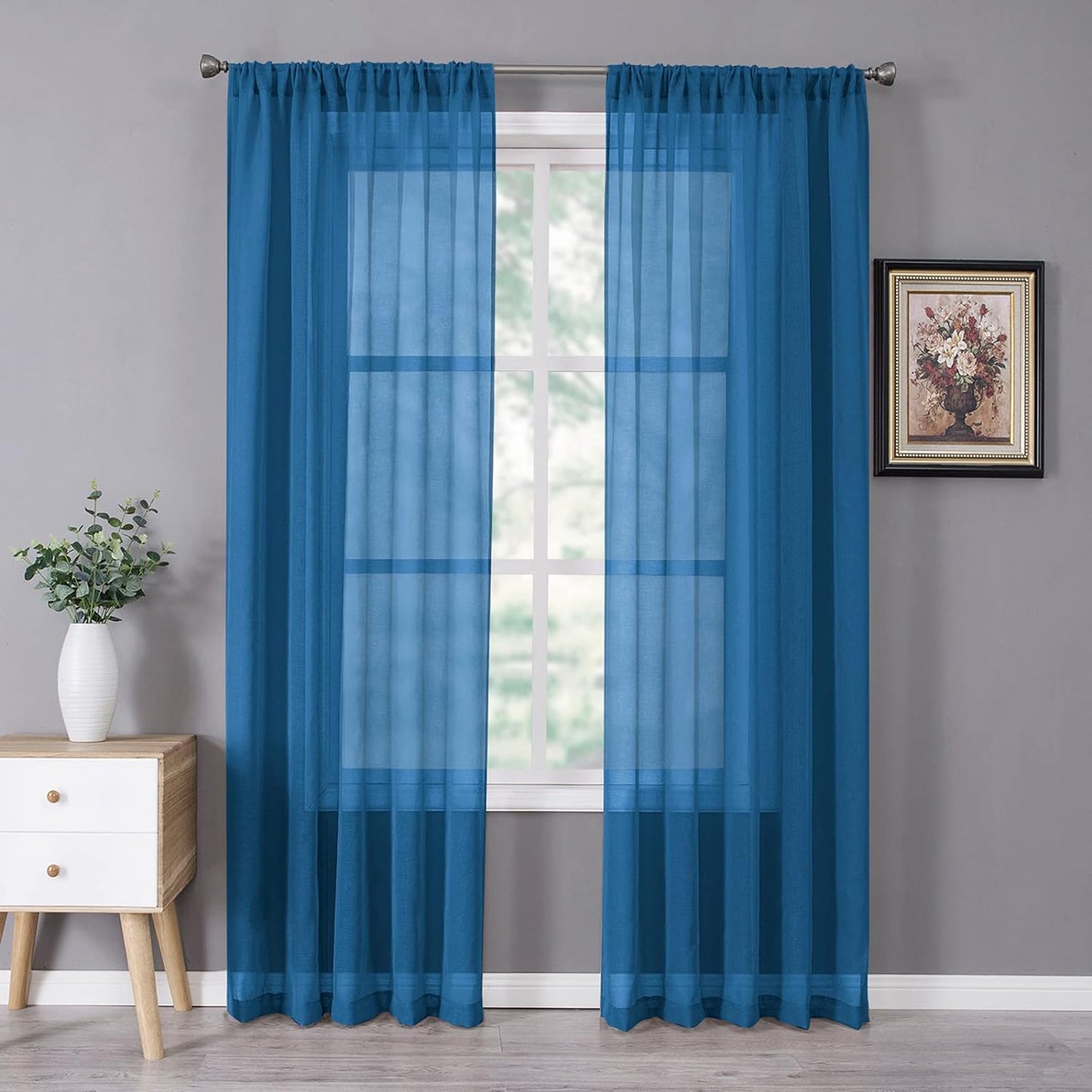 Tollpiz Short Sheer Curtains Linen Textured Bedroom Curtain Sheers Light Filtering Rod Pocket Voile Curtains for Living Room, 54 X 45 Inches Long, White, Set of 2 Panels  Tollpiz Tex Classic Blue 54"W X 72"L 