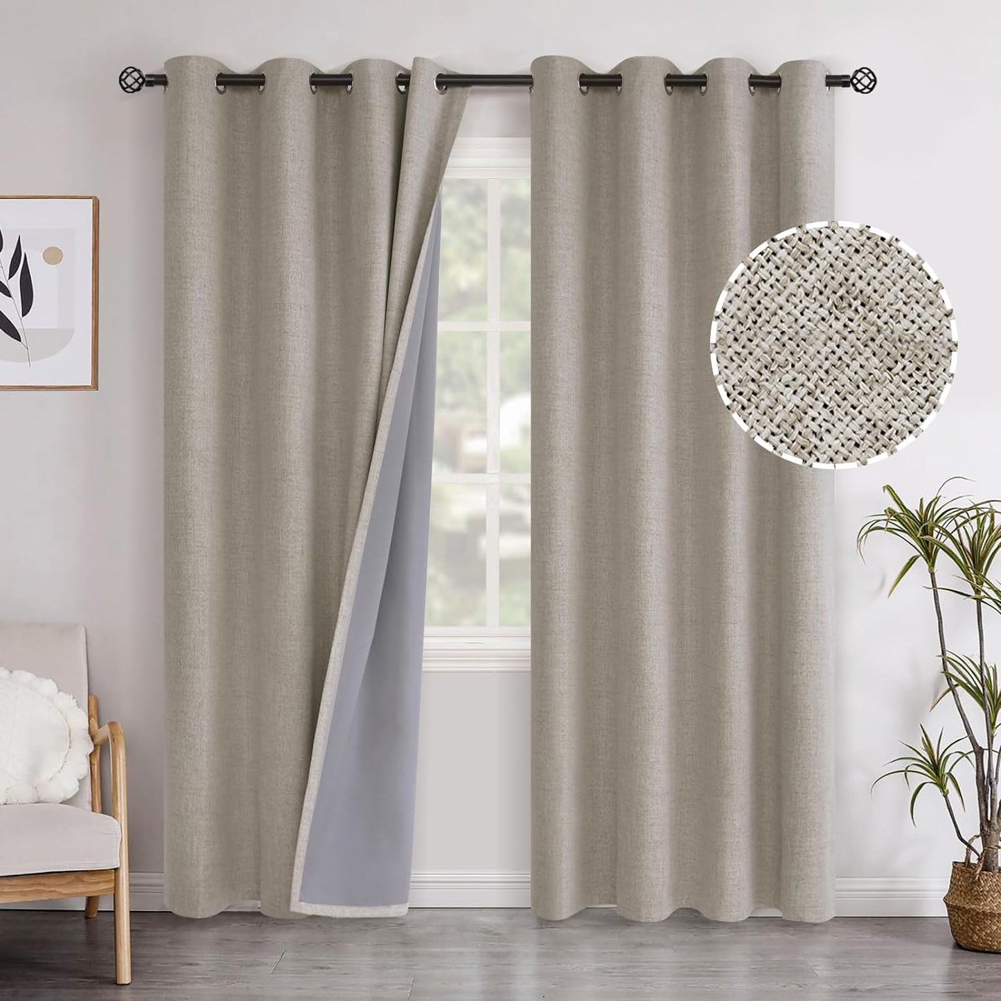 Youngstex Linen Blackout Curtains 63 Inch Length, Grommet Darkening Bedroom Curtains Burlap Linen Window Drapes Thermal Insulated for Basement Summer Heat, 2 Panels, 52 X 63 Inch, Beige  YoungsTex Cashmere 52W X 84L 