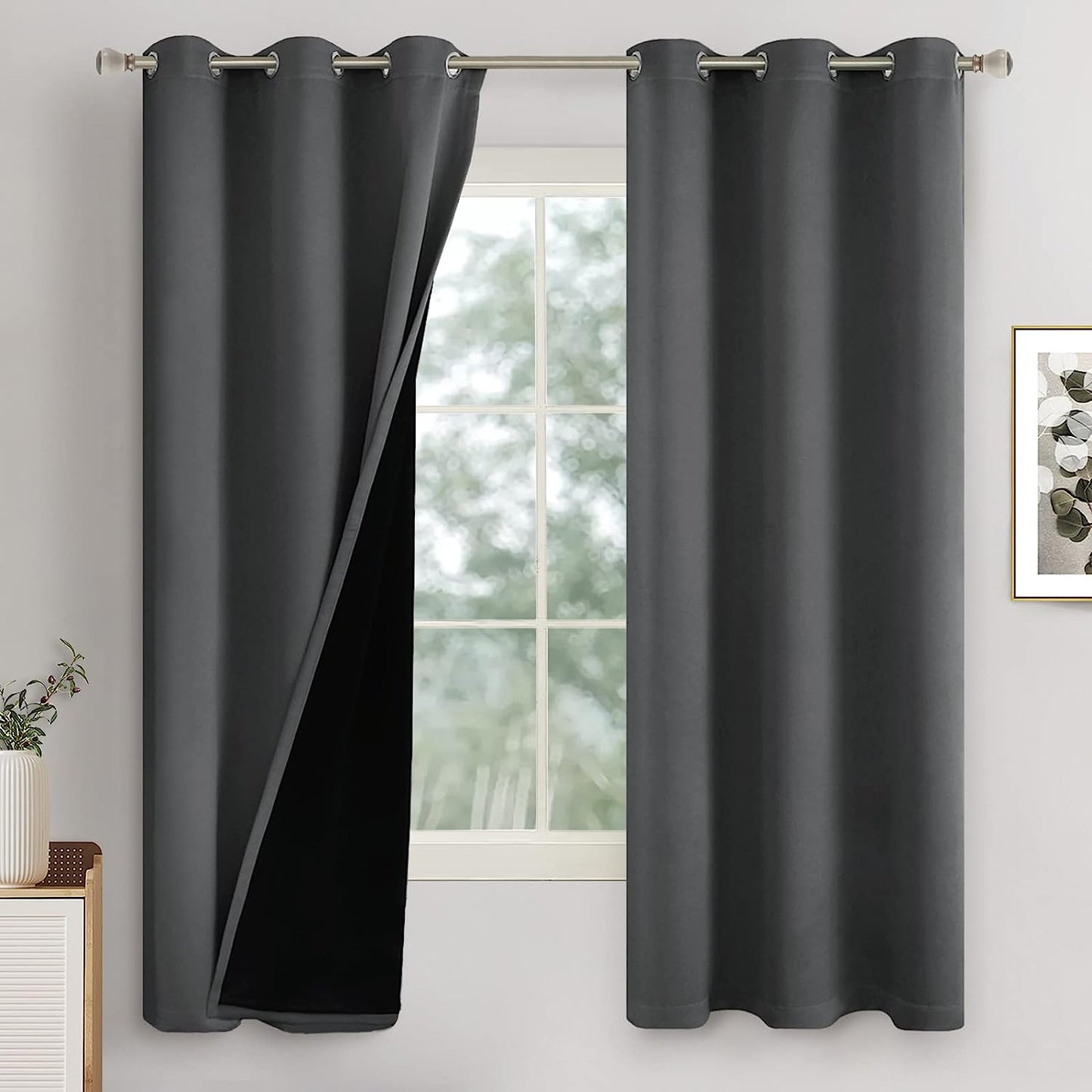 QUEMAS Short Blackout Curtains 54 Inch Length 2 Panels, 100% Light Blocking Thermal Insulated Soundproof Grommet Small Window Curtains for Bedroom Basement with Black Liner, Each 42 Inch Wide, White  QUEMAS Dark Grey + Black Lining W42 X L45 
