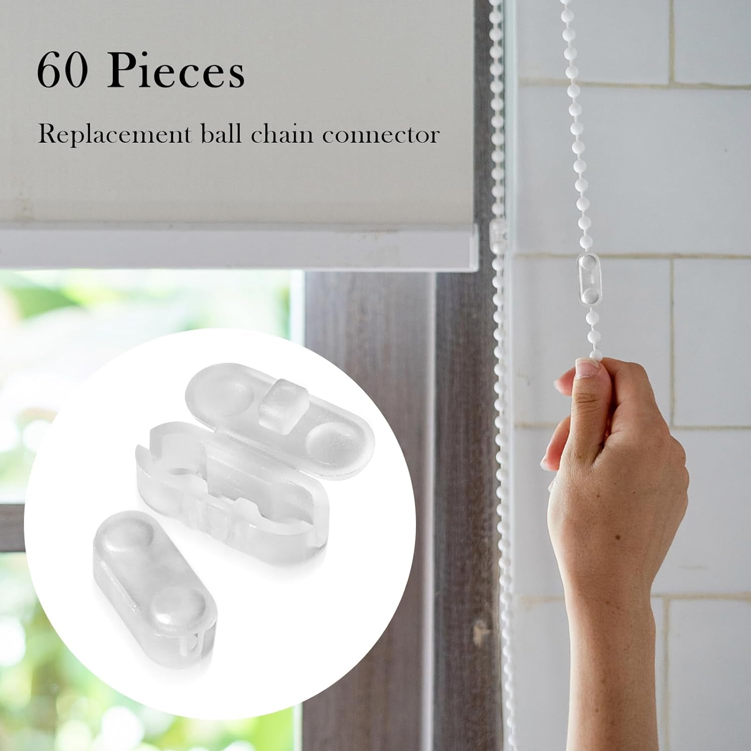 60Pcs Chain Connectors Roller Shade Bead Chain Connector, Beaded Chain for Roller Shades and Vertical Blinds, Vertical Roman Roller Blind Ball Chain Cord Connector Clips (Transparent)