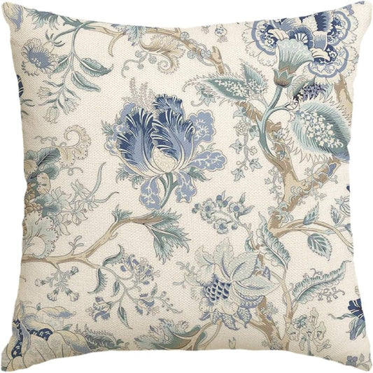 AVOIN Colorlife Chinoiserie Flowers Trees Blue Throw Pillow Cover, 18 X 18 Inch Floral Cushion Case Outdoor Decoration for Sofa Couch Farmhouse