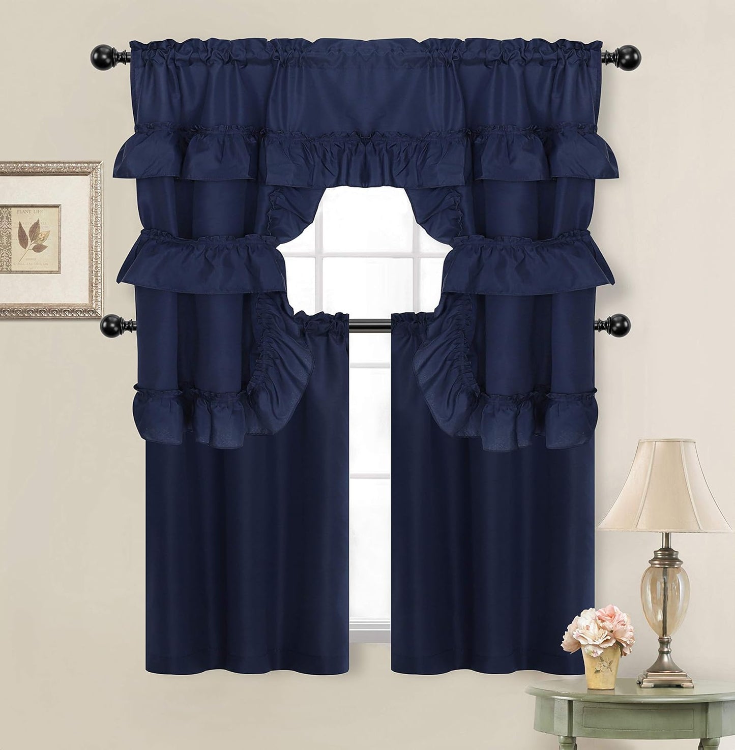 Goodgram Country Farmhouse Living Solid Colored Cafe Kitchen Curtain Tier & Swag Valance Set - Assorted Colors (White)  GoodGram Navy  