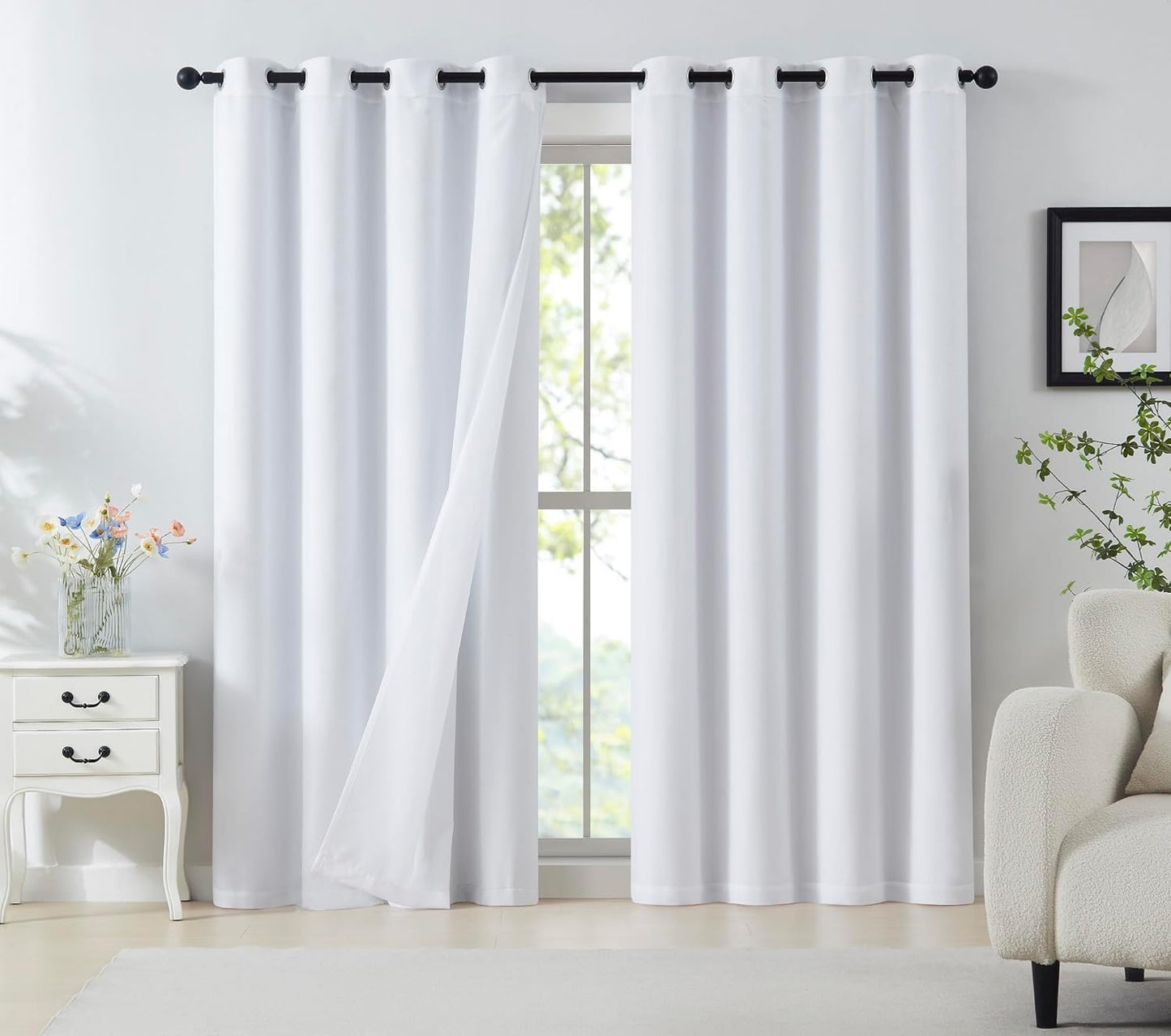 Mix and Match Blackout Curtains - Bedroom Solid Black Full Blackout Window Panels & Black Chiffon Sheer Curtains Thermal Insulated Drapes for Living Room, Grommet, 52" W X 63" L, Set of 4  Purainbow White 52" X 63" 