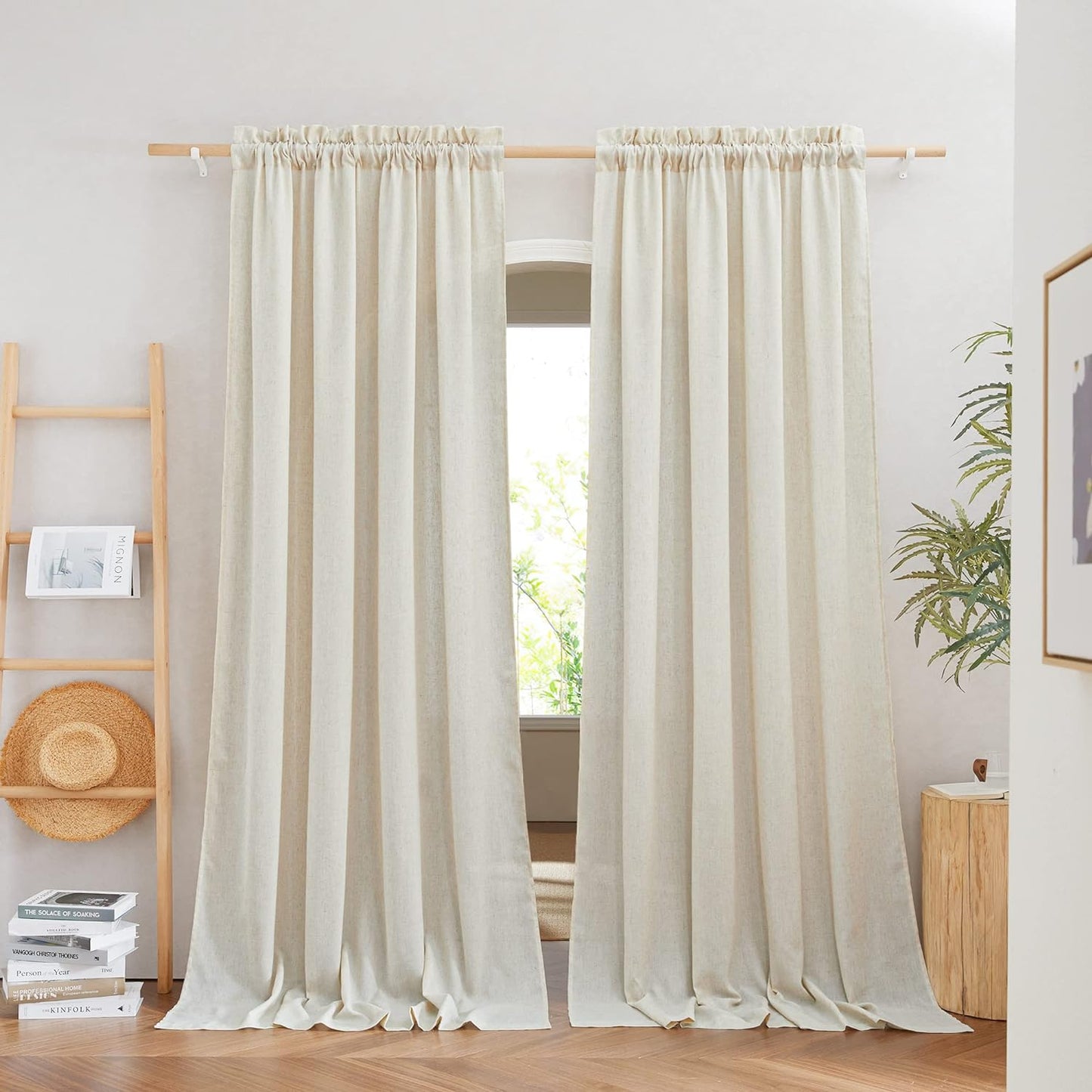 NICETOWN Natural Linen Curtains & Drapes for Windows 84 Inch Long, Rod Pocket Thick Flax Semi Sheer Privacy Assured with Light Filtering for Bedroom/Living Room, W55 X L84, 2 Pieces  NICETOWN Natural W55 X L95 