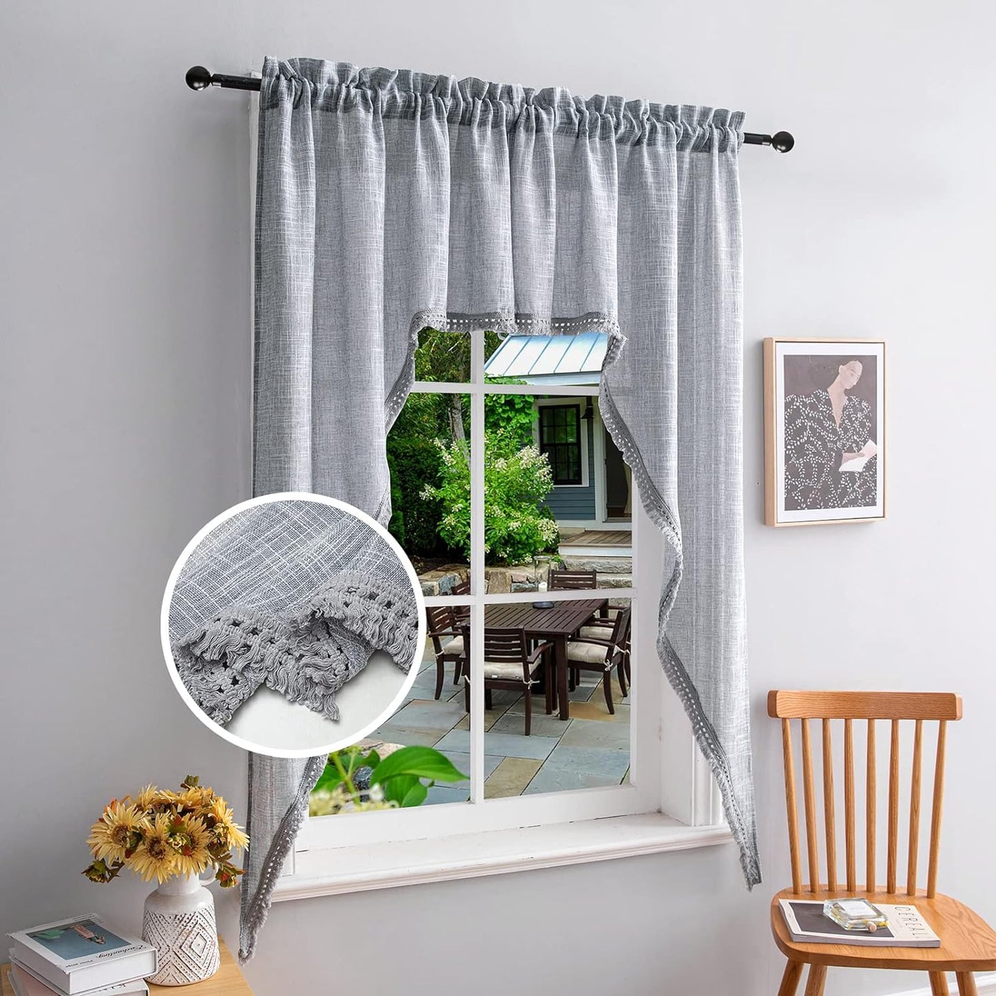Beda Home Tassel Linen Textured Swag Curtain Valance for Farmhouses’ Kitchen; Light Filtering Rustic Short Swag Topper for Small Windows Bedroom Privacy Added Rod Pocket Design(Nature 36X63-2Pcs)  BD BEDA HOME Grey 36Wx63L - 2 Panels 