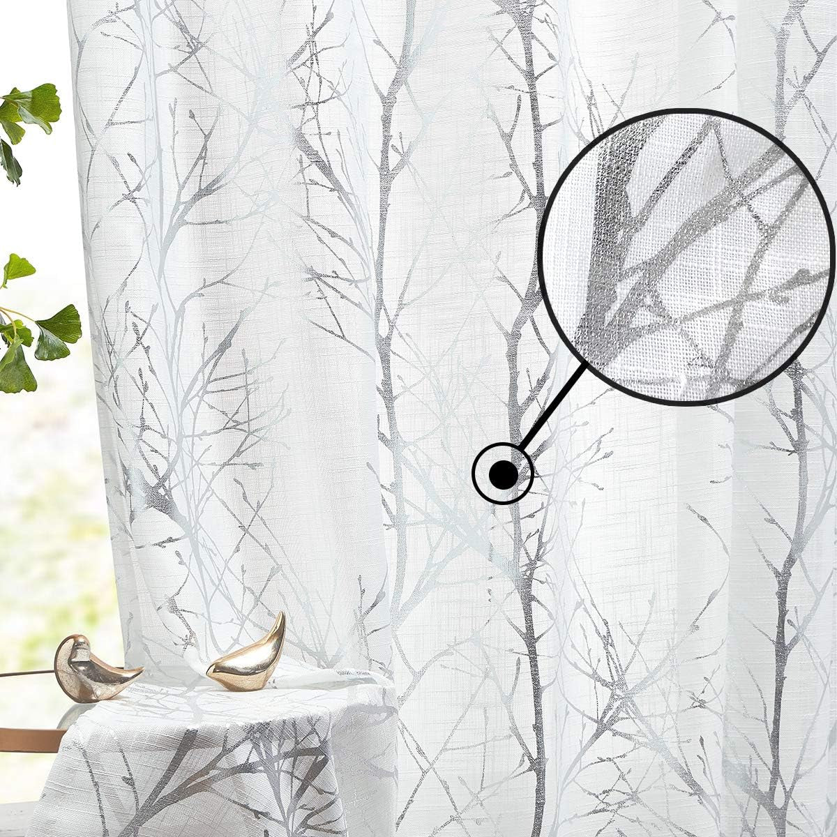 FMFUNCTEX Blue White Curtains for Kitchen Living Room 72“ Grey Tree Branches Print Curtain Set for Small Windows Linen Textured Semi-Sheer Drapes for Bedroom Grommet Top, 2 Panels  Fmfunctex Semi-Sheer: White + Foil Silver 50" X 63" |2Pcs 