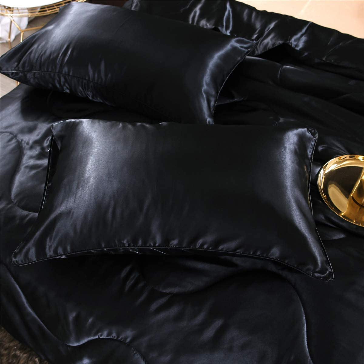 NTBED Silky Satin Comforter Set Queen Black, Soft Lightweight Microfiber Luxury Sexy Quilted Bedding Sets with 2 Matching Pillow Covers for Summer Spring Autumn