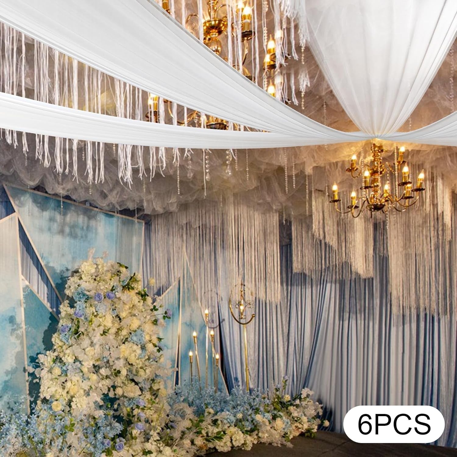 6 Panels 5Ftx15Ft Chiffon Wedding Ceiling Drapes,Arch Arbor Backdrop Fabric Curtains,Sheer Swag Stage DIY Tent Decoration for Wedding Party Ceremony (White)