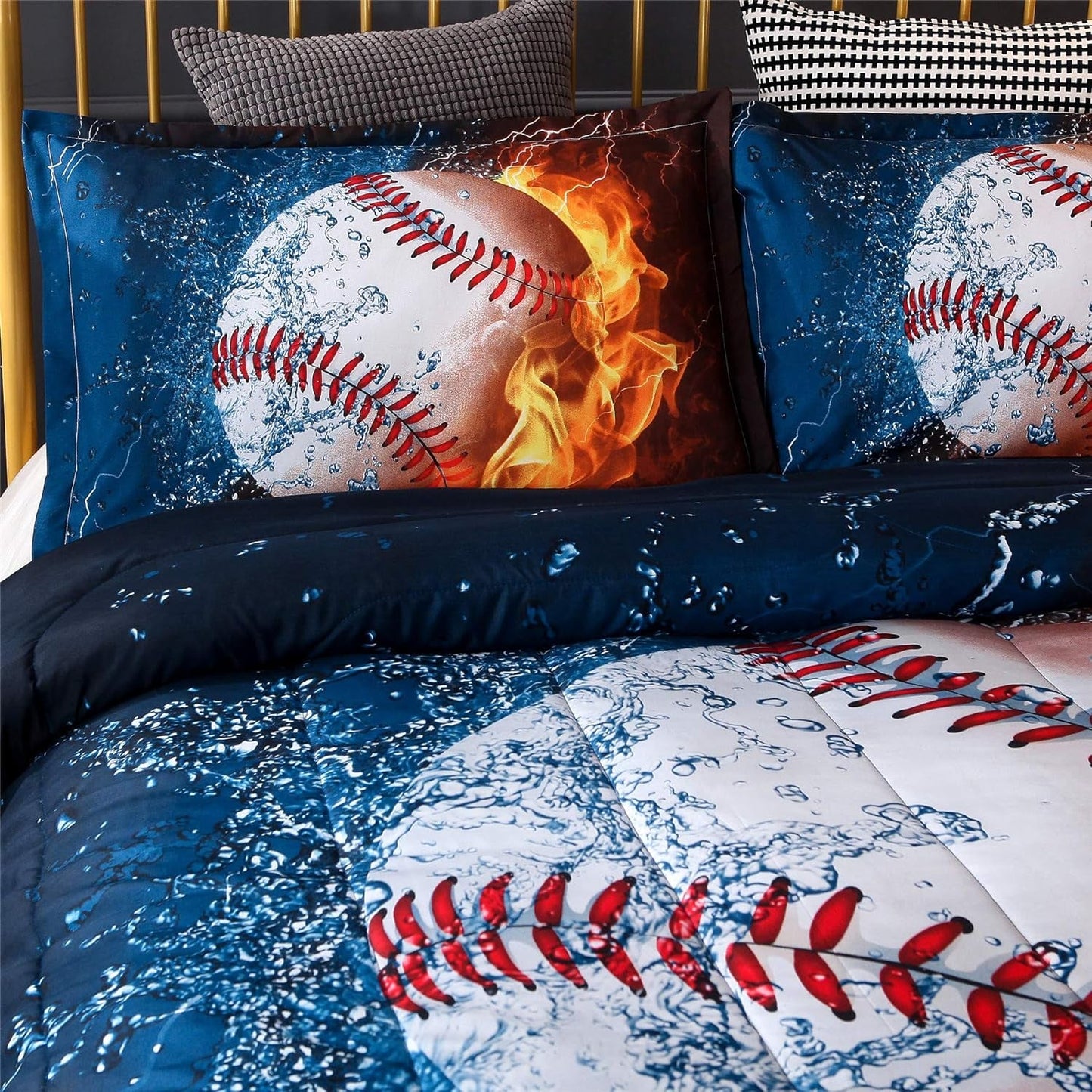 A Nice Night Baseball with Fire Print Comforter Quilt Set Bedding Sets for Teen Boys (Baseball,Full Size)