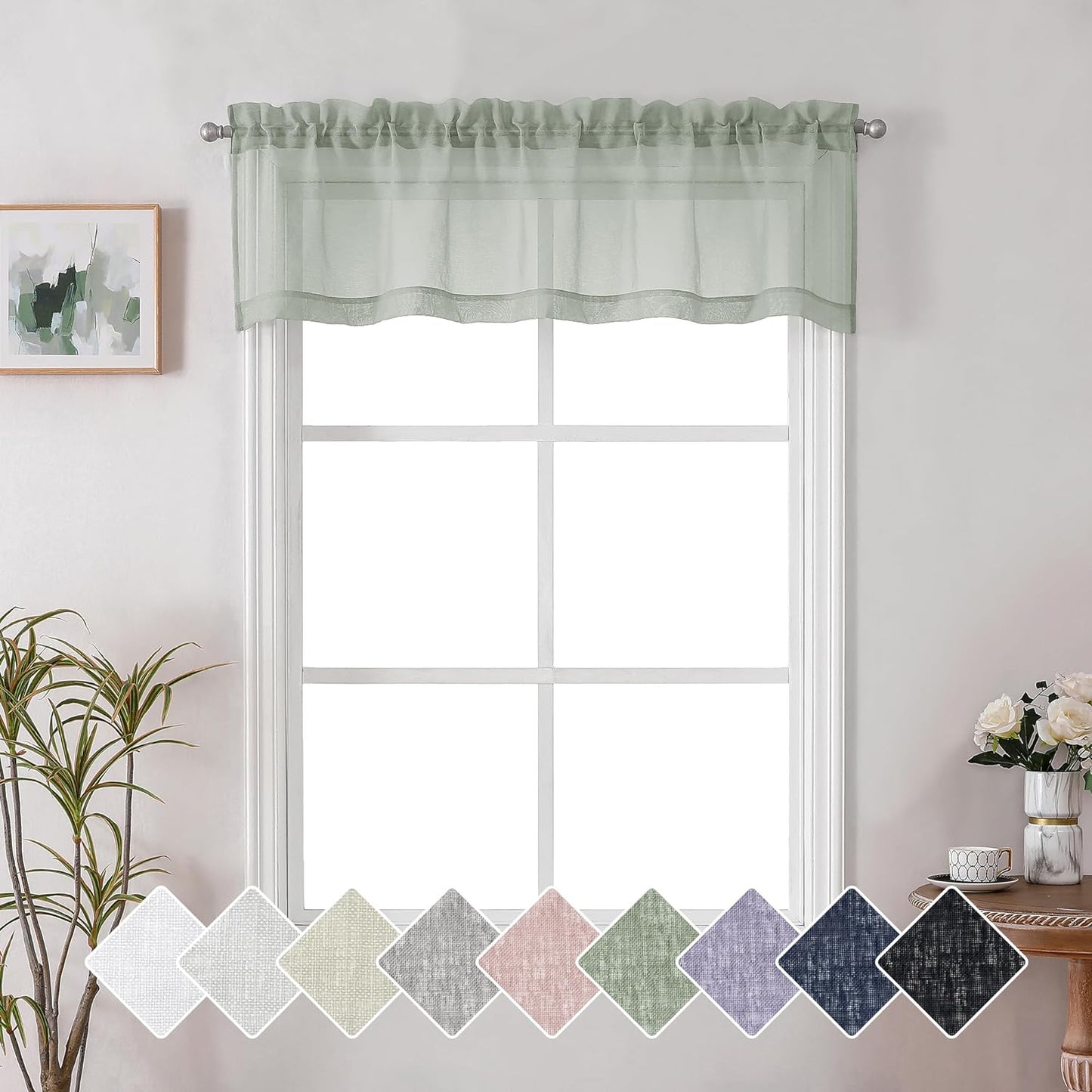 Lecloud Doris Faux Linen Sheer Grey Valance Curtains 14 Inches Length, Cafe Kitchen Bedroom Living Room Gauzy Silver Grey Curtain for Small Window, Slub Light Gray Valance Dual Rod Pockets 60X14 Inch  Lecloud Sage Green 60 W X 14 L 