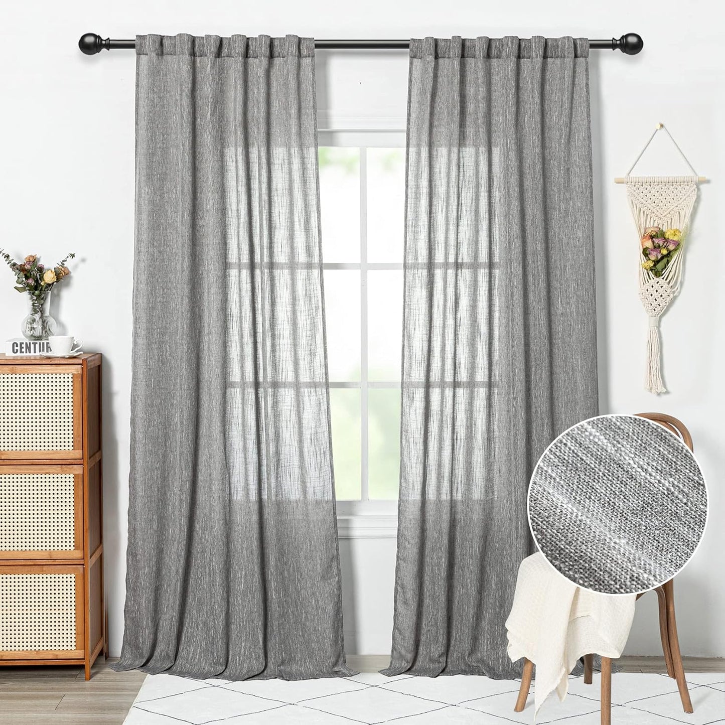 MYSKY HOME 90 Inch Curtains for Sliding Glass Door Windows, Living Room Decoration Cotton Drapes Soft Comfortable Touch Farmhouse Country Patio Treatment Set, 50" Width, Natural, 2 Panels  MYSKYTEX Dark Grey 50"W X 108"L 