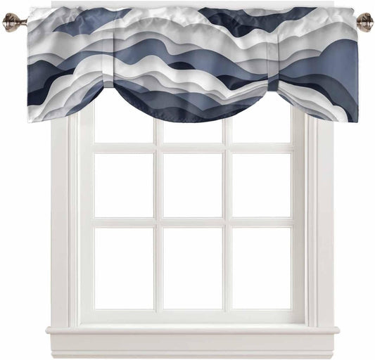 Navy Blue Tie up Valance Curtain for Kitchen Living Room Bedroom Bathroom Cafe, Rod Pocket Small Short Window Drape Panel Adjustable Drapary Print, Grey White Contemporary Minimalist Art 42"X18"