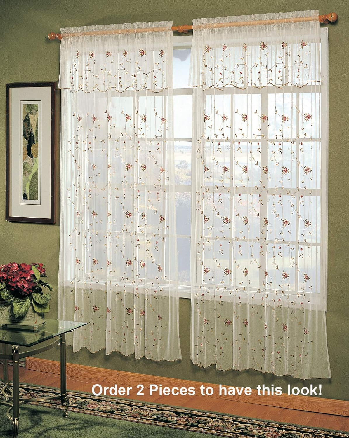 Embroidered Lace Roses Floral Window Curtain Panel with Attached Valance, Beige, One Piece