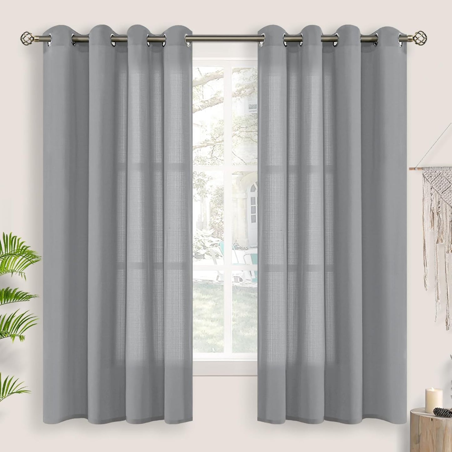 Bgment Natural Linen Look Semi Sheer Curtains for Bedroom, 52 X 54 Inch White Grommet Light Filtering Casual Textured Privacy Curtains for Bay Window, 2 Panels  BGment Grey 52W X 63L 