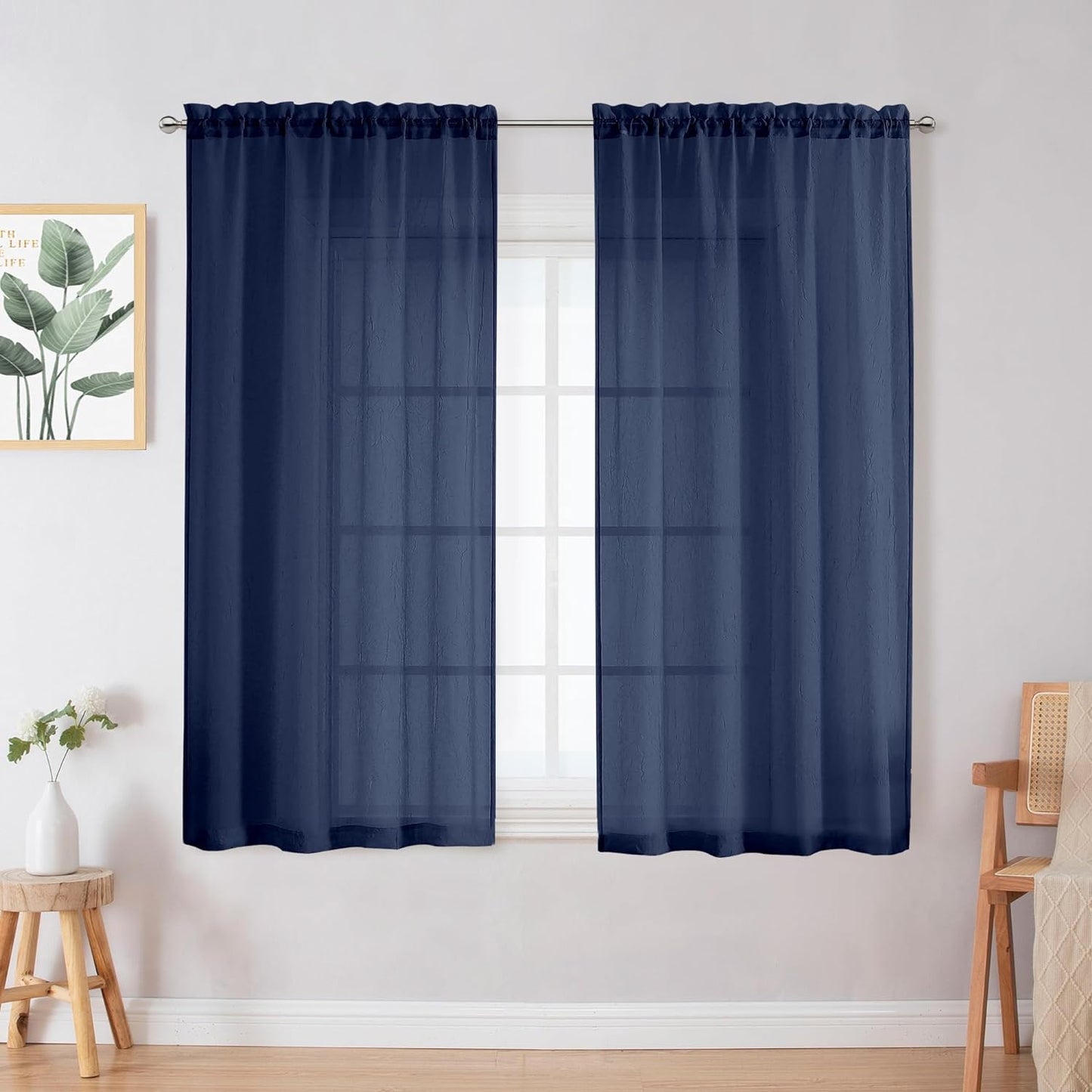 Chyhomenyc Crushed White Sheer Valances for Window 14 Inch Length 2 PCS, Crinkle Voile Short Kitchen Curtains with Dual Rod Pockets，Gauzy Bedroom Curtain Valance，Each 42Wx14L Inches  Chyhomenyc Navy Blue 28 W X 45 L 