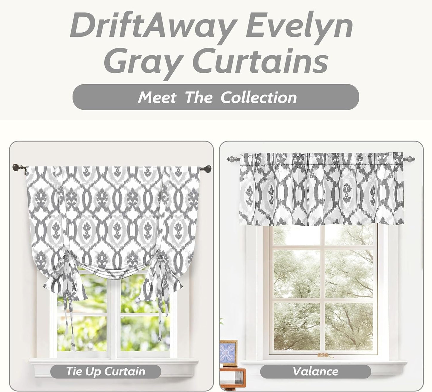 Driftaway Evelyn Ikat Fleur Floral Pattern Window Curtain Valance 52 Inch by 18 Inch Gray