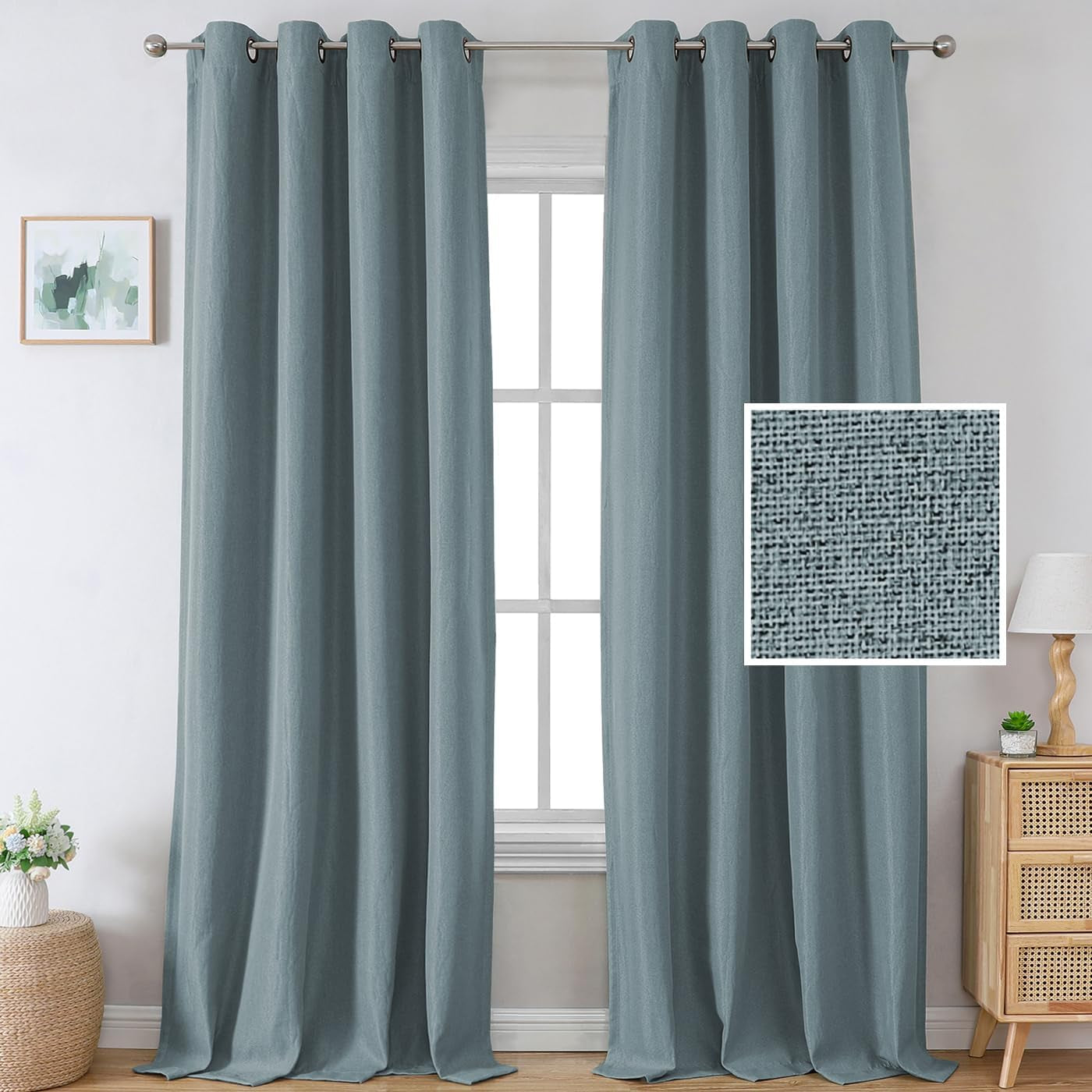 H.VERSAILTEX Linen Blackout Curtains 84 Inches Long Thermal Insulated Room Darkening Linen Curtains for Bedroom Textured Burlap Grommet Window Curtains for Living Room, Bluestone and Taupe, 2 Panels  H.VERSAILTEX Stone Blue 52"W X 96"L 