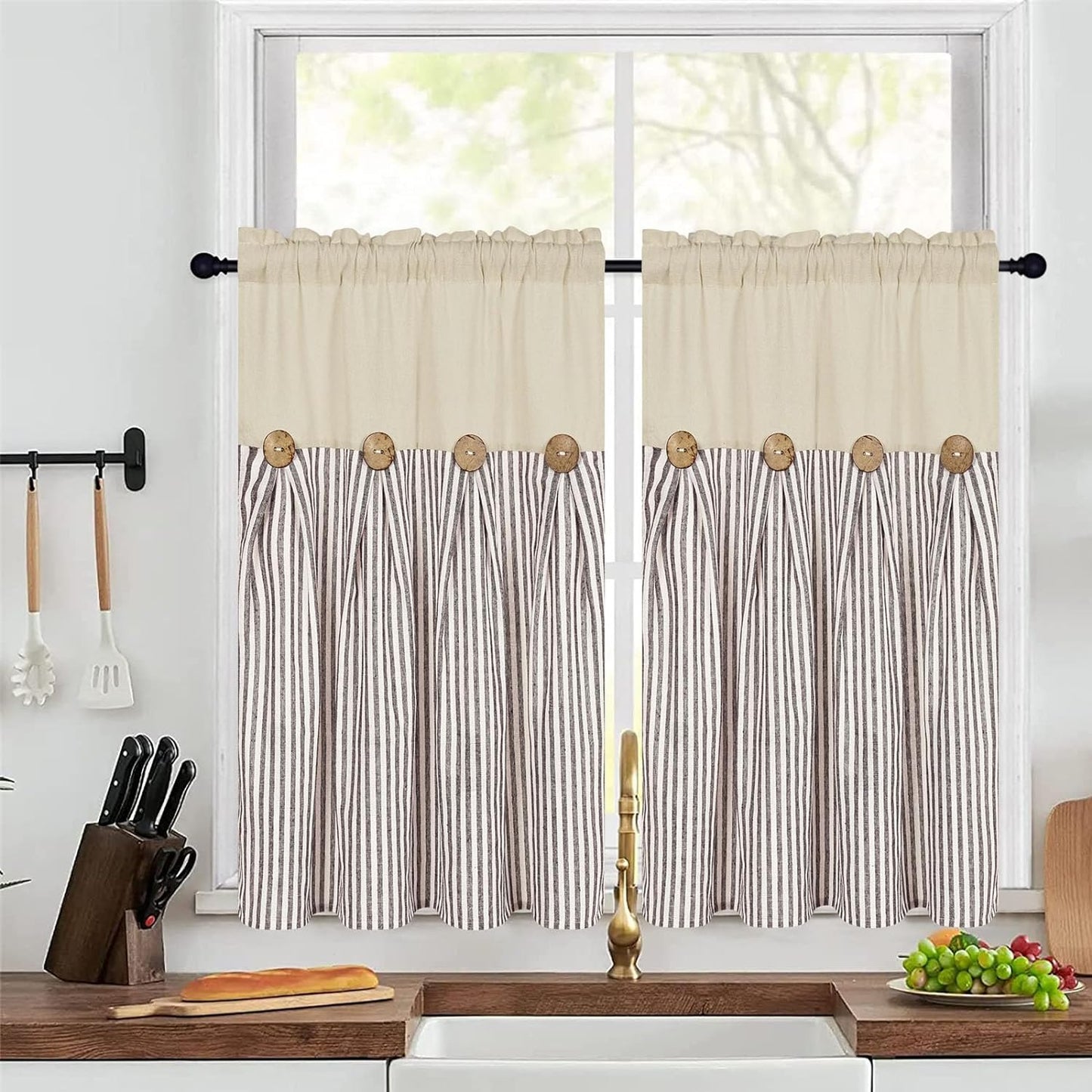 Cotton Linen Farmhouse Curtains Boho Rustic Button Curtains Natural and Dark Grey Stripe Color Block Curtain Rod Pocket & Back Tab Window Drapes for Bedroom Living Room(52 X 84 Inch, 2 Panels)  BLEUM CADE Brown Stripe W26 X L36 