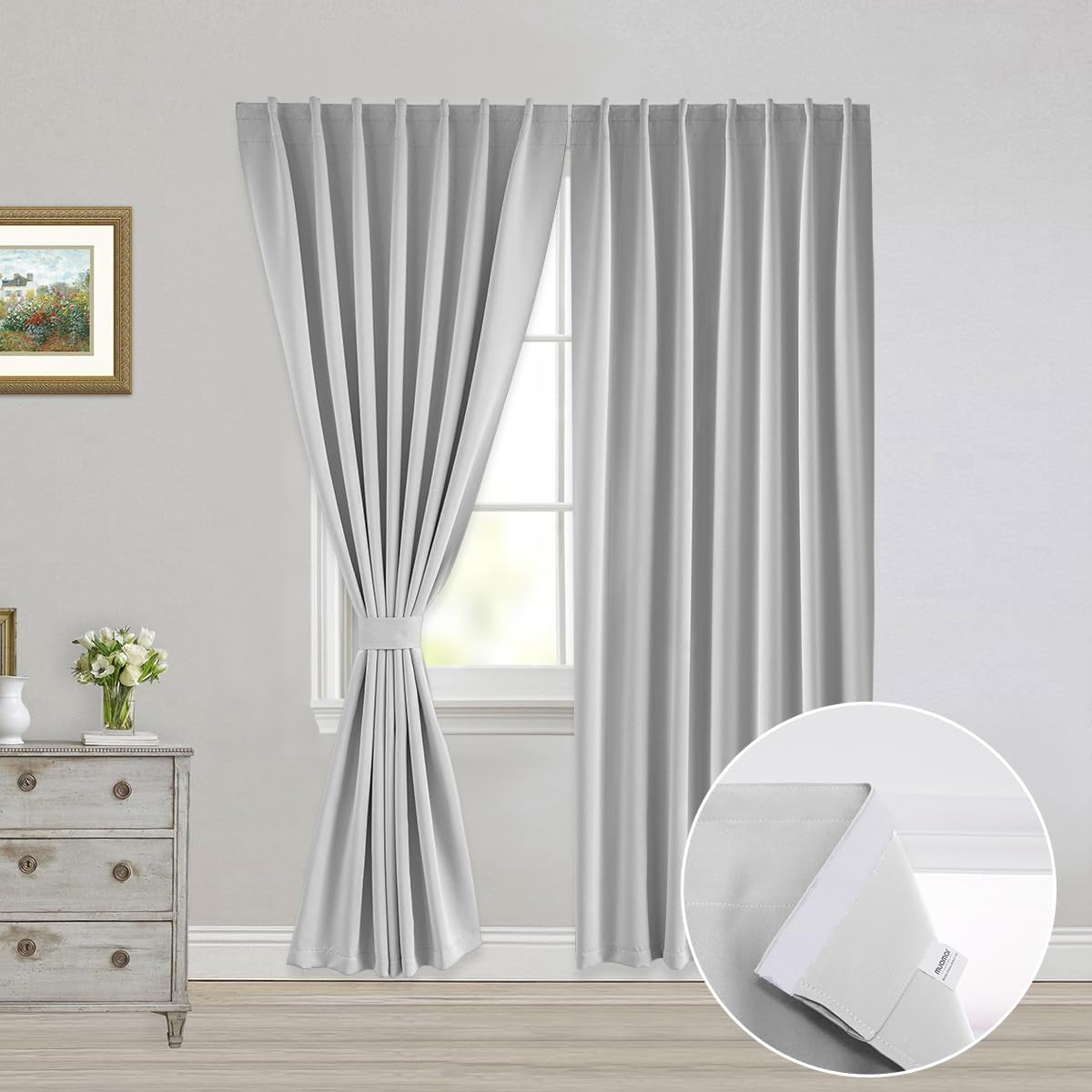 Muamar 2Pcs Blackout Curtains Privacy Curtains 63 Inch Length Window Curtains,Easy Install Thermal Insulated Window Shades,Stick Curtains No Rods, Black 42" W X 63" L  Muamar White 42"W X 84"L 