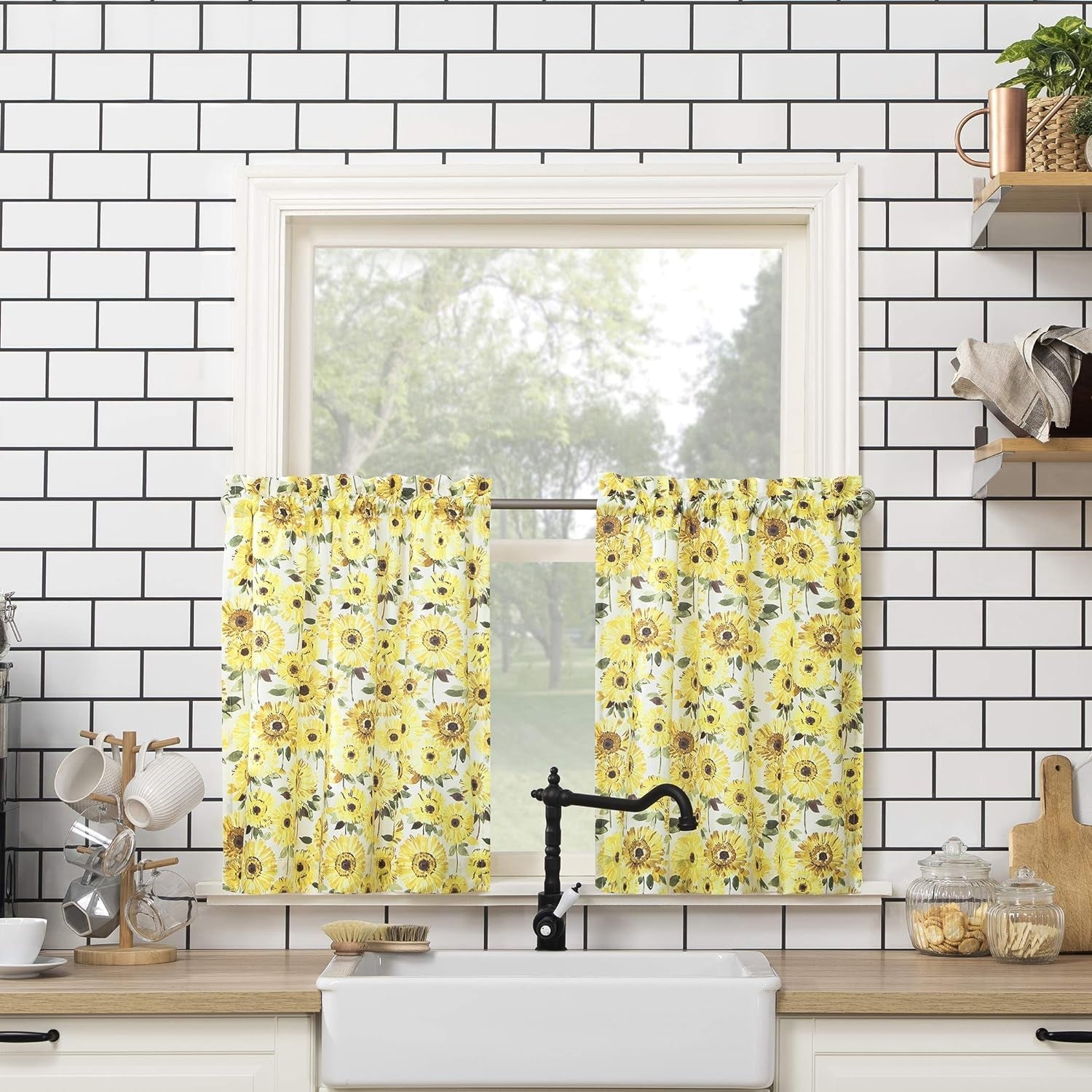 No. 918 Sunbeam Sunflower Print Semi-Sheer Rod Pocket Kitchen Curtain Valance and Tiers Set, 54" X 36", Yellow