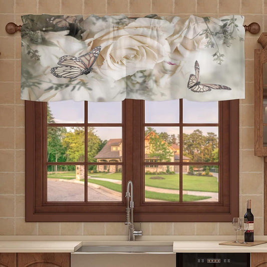 Kitchen Curtains, Rose and Butterfly Valances for Windows, Bathroom Curtains Window 60X18In Short Curtains, Kitchen Window Curtains over Sink, Rod Pocket Valance Curtains
