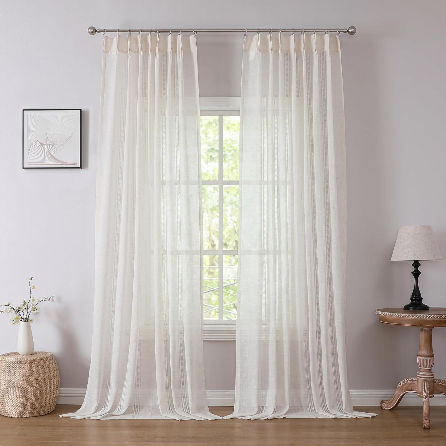Kayne Studio Boho 2 Pages Sheer Pinch Pleated Curtains,Linen Blended 95 Inches Long Window Treatments,Light Filtering Pinch Pleat Drapes for Farmhouse Living Room 36" W X 90" L,18 Hooks,Beige  Kayne Studio Natural 36"X95"X2 