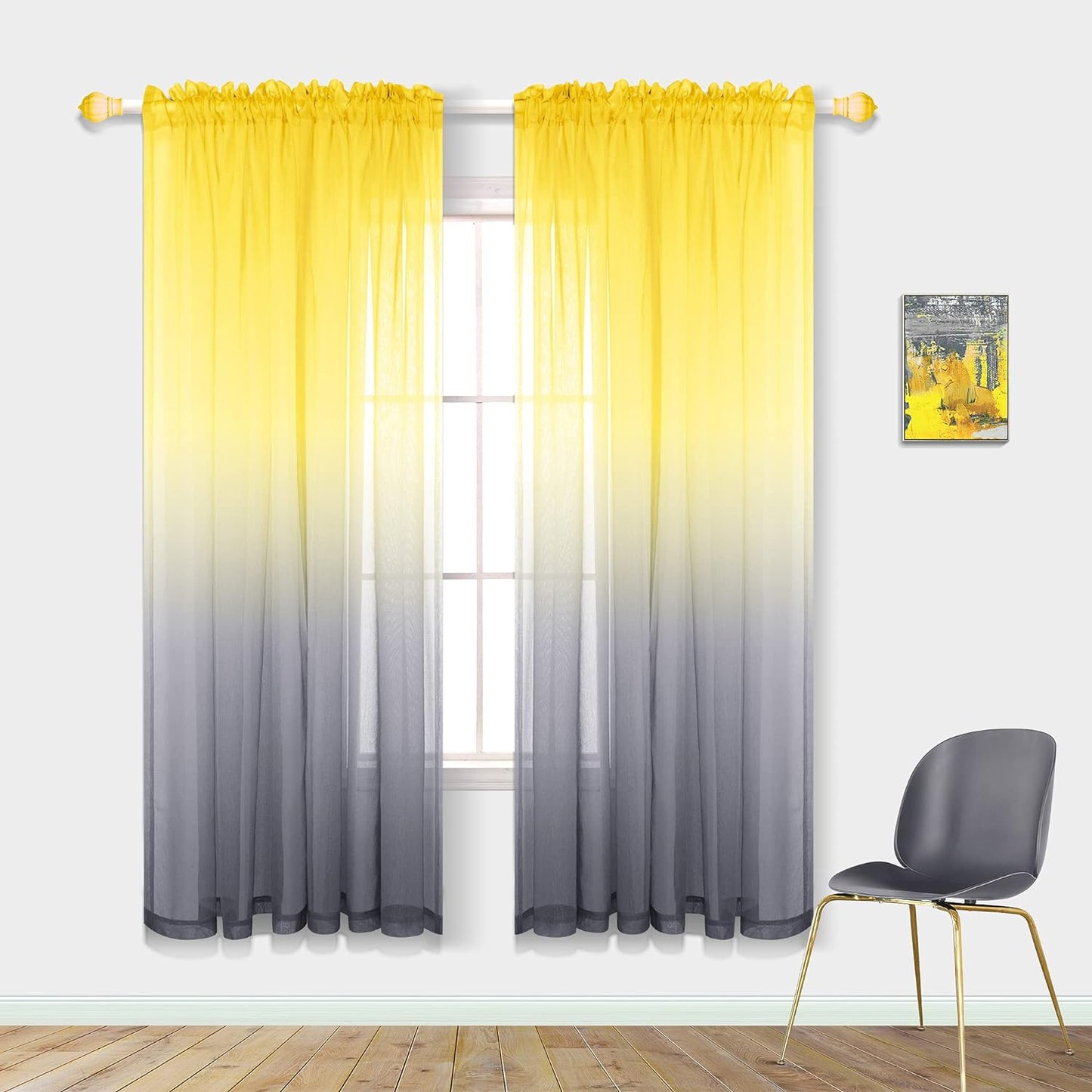 Spring Sheer Curtains for Living Room with Rod Pocket Window Treatments Decor 84 Inch Length Bedroom Curtain Set of 2 Panels Yellow and Grey Gray  PITALK TEXTILE Yellow And Grey 52X63 