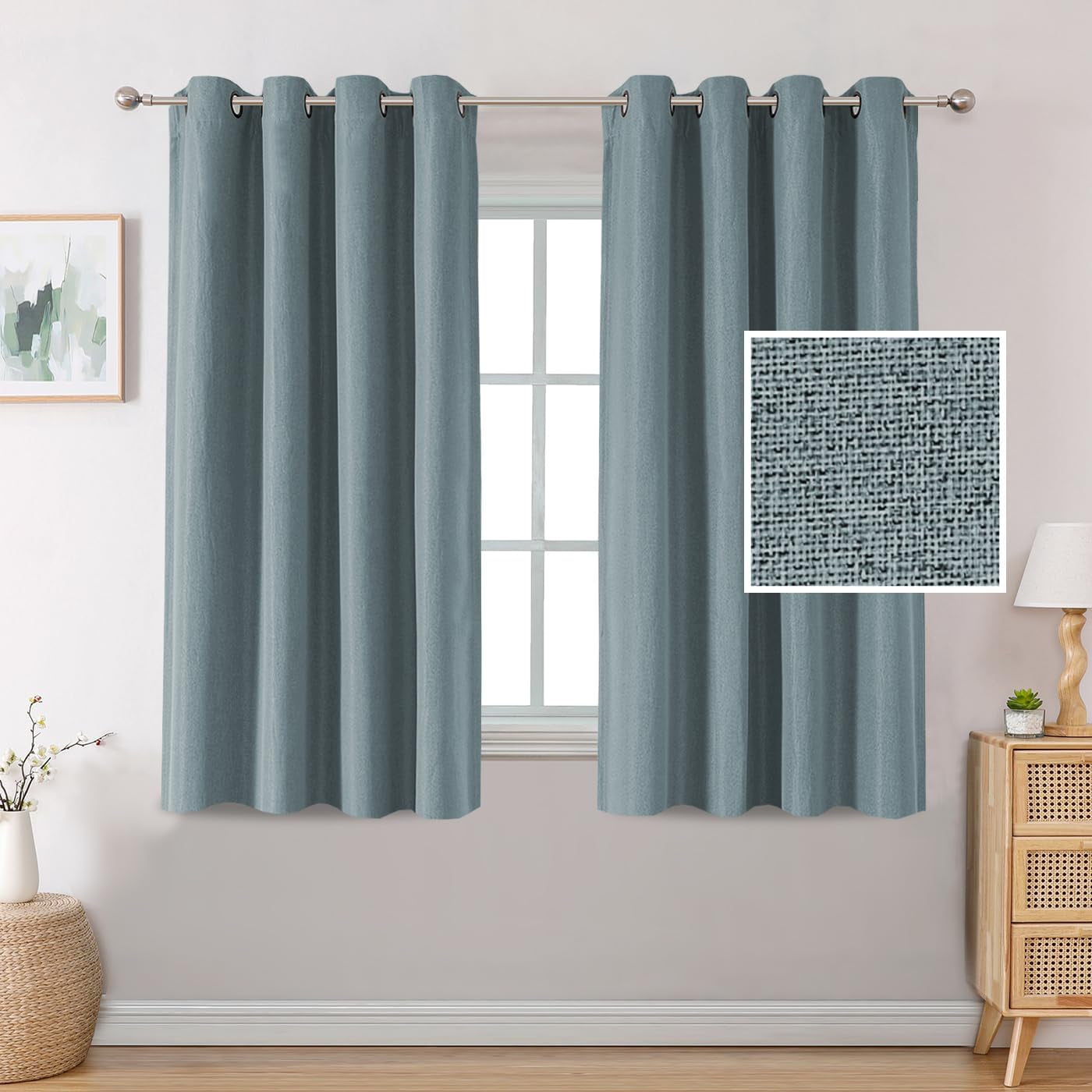 H.VERSAILTEX Linen Blackout Curtains 84 Inches Long Thermal Insulated Room Darkening Linen Curtains for Bedroom Textured Burlap Grommet Window Curtains for Living Room, Bluestone and Taupe, 2 Panels  H.VERSAILTEX Stone Blue 52"W X 45"L 