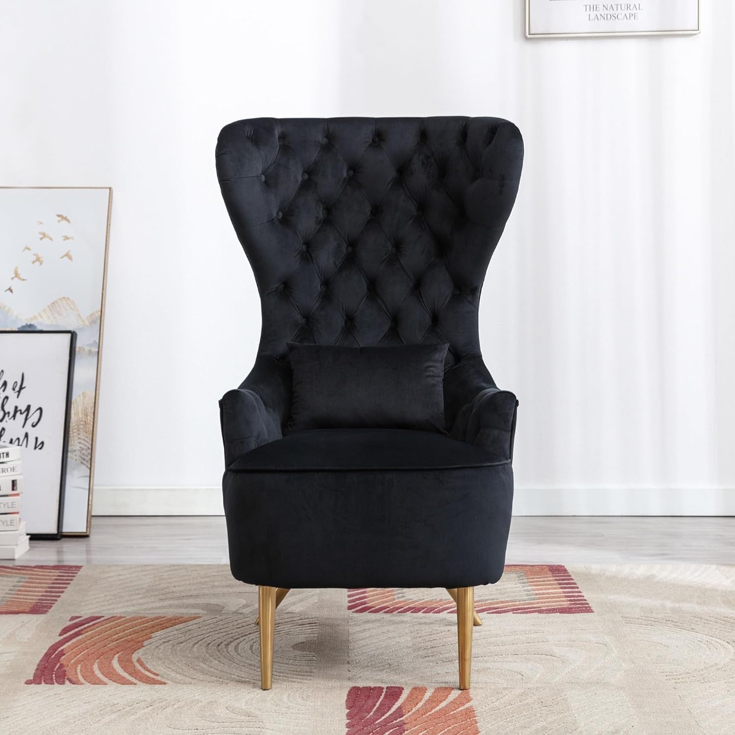 30" W Tufted Velvet Upholstered High Wingback Chair, Mid Century Modern Armchair Accent Chair with Toss Pillow Metal Legs for Living Room Bedroom Apartment Lounge Nursery, Black