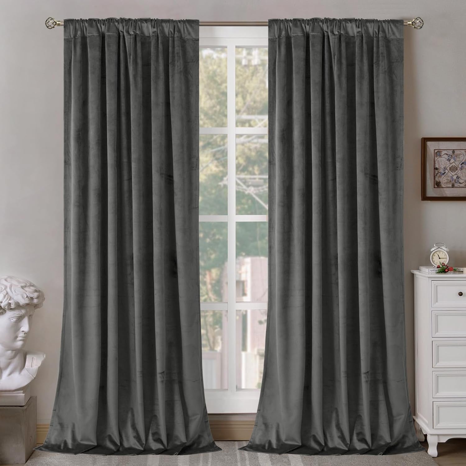 Bgment Grey Velvet Curtains 108 Inches Long for Living Room, Thermal Insulated Room Darkening Curtains Drapes Window Treatment with Back Tab and Rod Pocket, Set of 2 Panels, 52 X 108 Inch  BGment   
