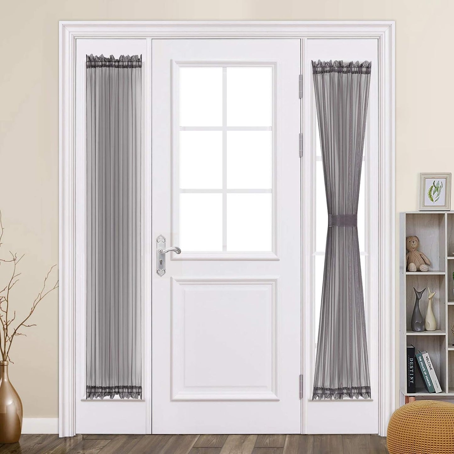 MIULEE French Door Sheer Curtains for Front Back Patio Glass Door Light Filtering Window Treatment with 2 Tiebacks 54 Wide and 72 Inches Length, White, Set of 2  MIULEE Dark Grey 25"W X 72"L 