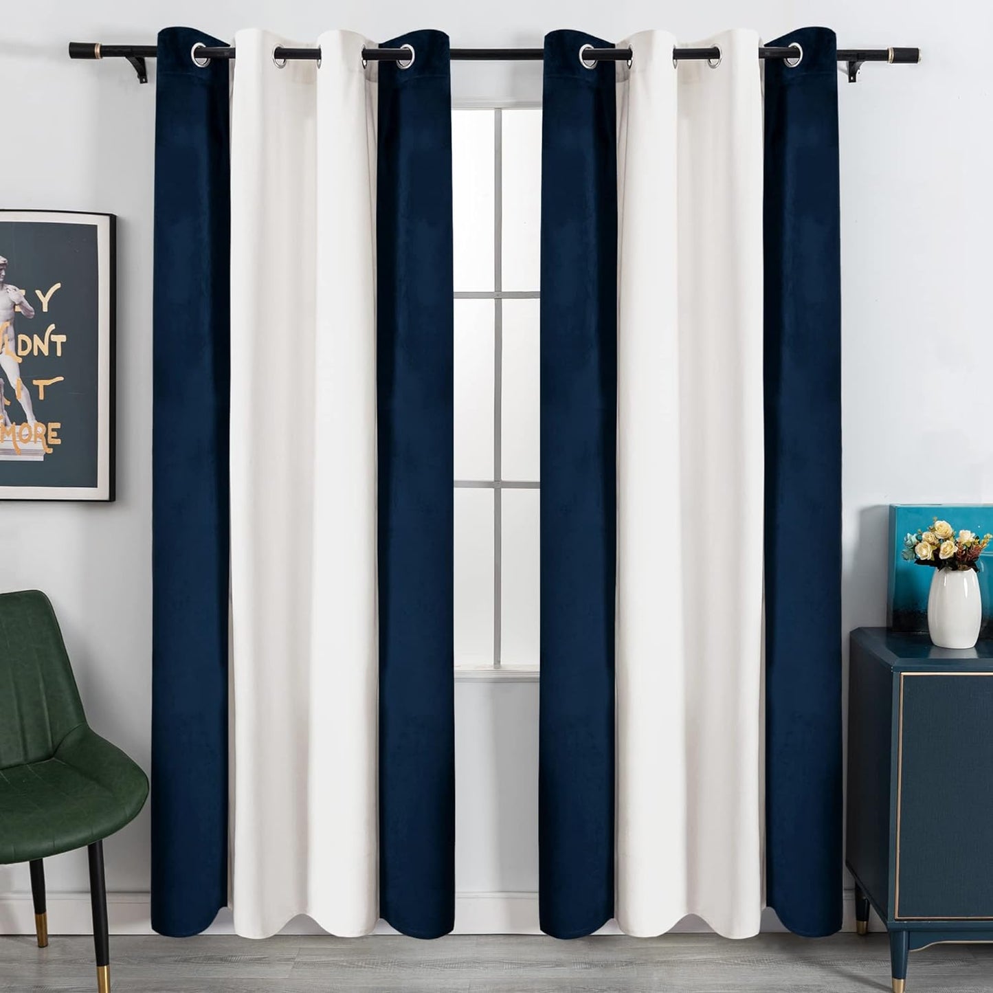 Victree Color Block Velvet Curtains for Bedroom, Patchwork Blackout Curtains 52 X 84 Inch Length - Room Darkening Sun Light Blocking Grommet Window Drapes for Living Room, 2 Panels, Black and White  Victree Navy/White 52 X 108 Inches 