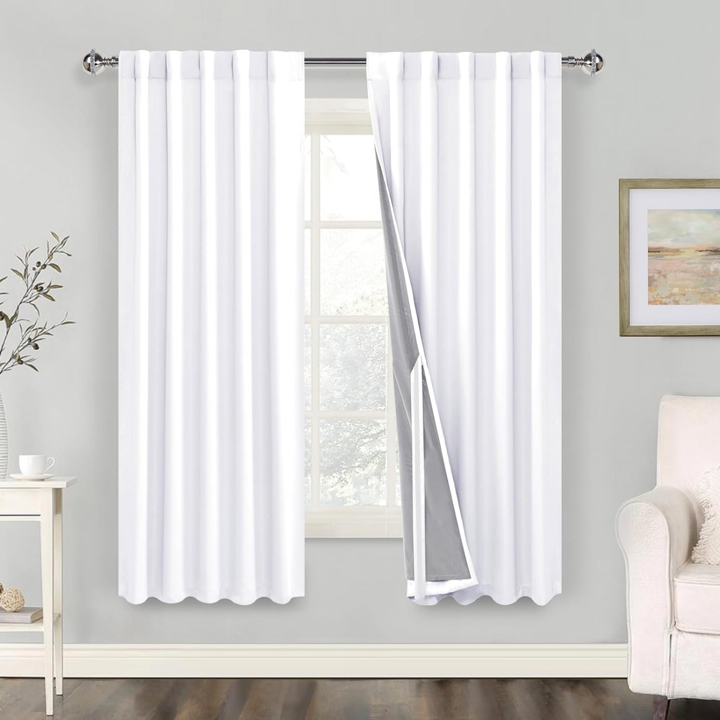 100% Blackout Curtains 2 Panels with Tiebacks- Heat and Full Light Blocking Window Treatment with Black Liner for Bedroom/Nursery, Rod Pocket & Back Tab，White, W52 X L84 Inches Long, Set of 2  XWZO White W42" X L63"|2 Panels 