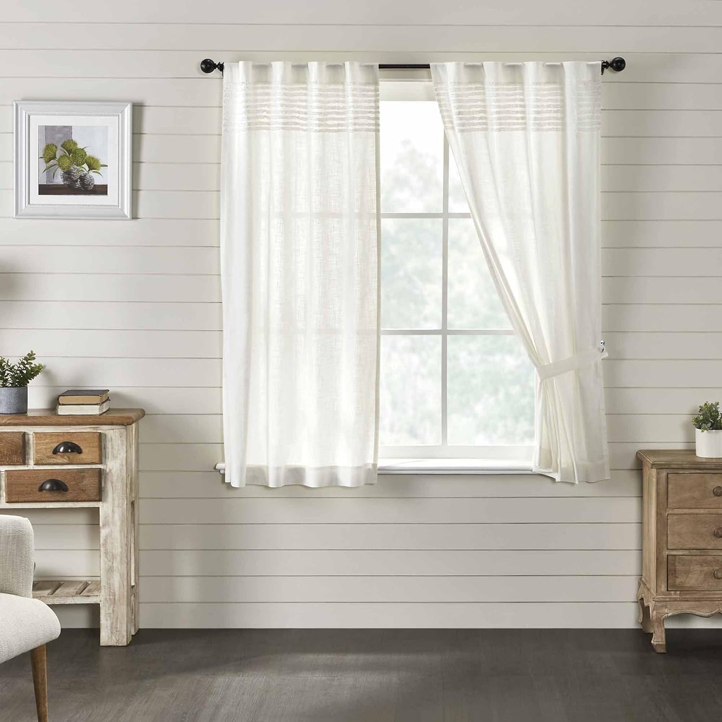 Kathryn Tier Curtains, Set of 2, 24" Long, Ruffled Curtains in a Linen-Look Soft White Cotton Semi-Sheer Fabric, Farmhouse, Cottage, Country Style Sheer Kitchen Café Curtains  Piper Classics 63" Panels  