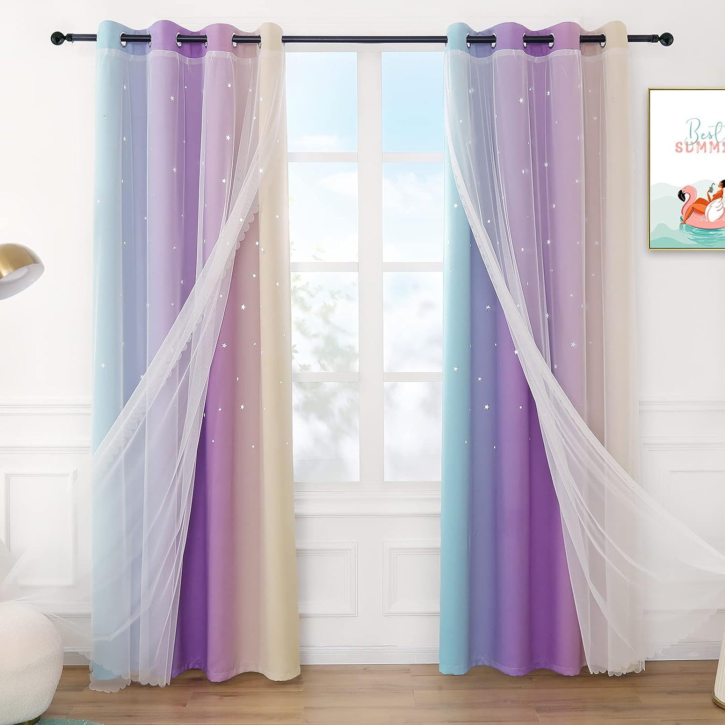 Anjee Rainbow Curtains for Girls Bedroom Double Layer Blackout Curtains Grommets Top Star Cutout Ombre Window Drapes with Sheer for Living Room 2 Panels in 52 X 84 Inch Length, Pink and Yellow  Anjee Blue/Purple/Yellow W52" X L95" 